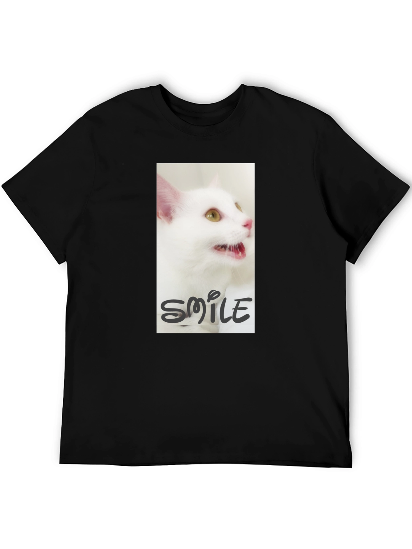 Black T-Shirt with White Cat Smile Graphic