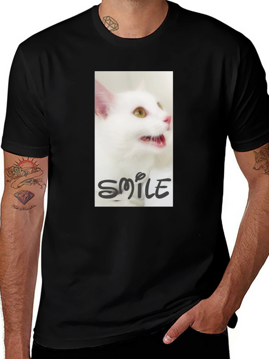 Black T-Shirt with White Cat Smile Graphic