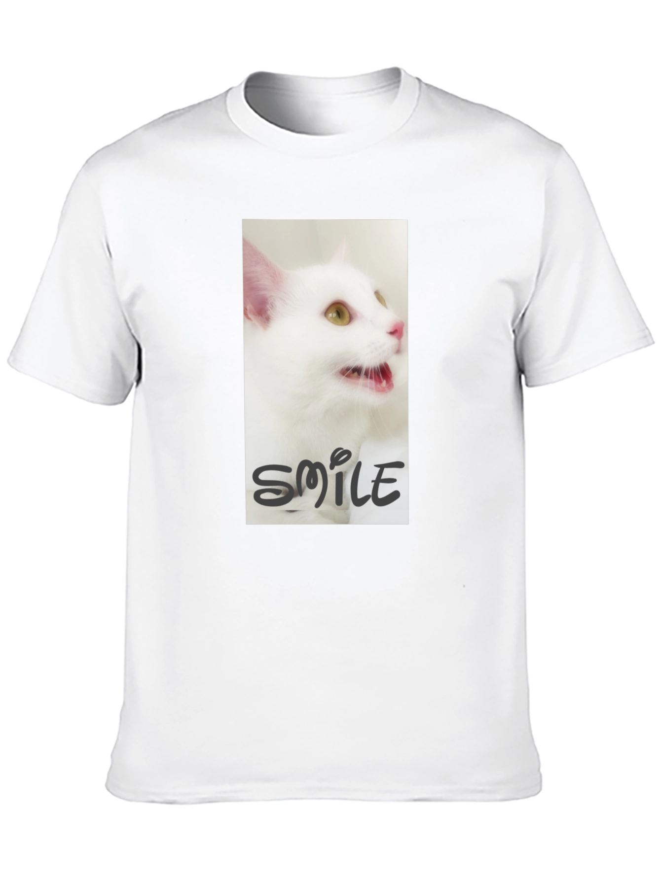 Black T-Shirt with White Cat Smile Graphic