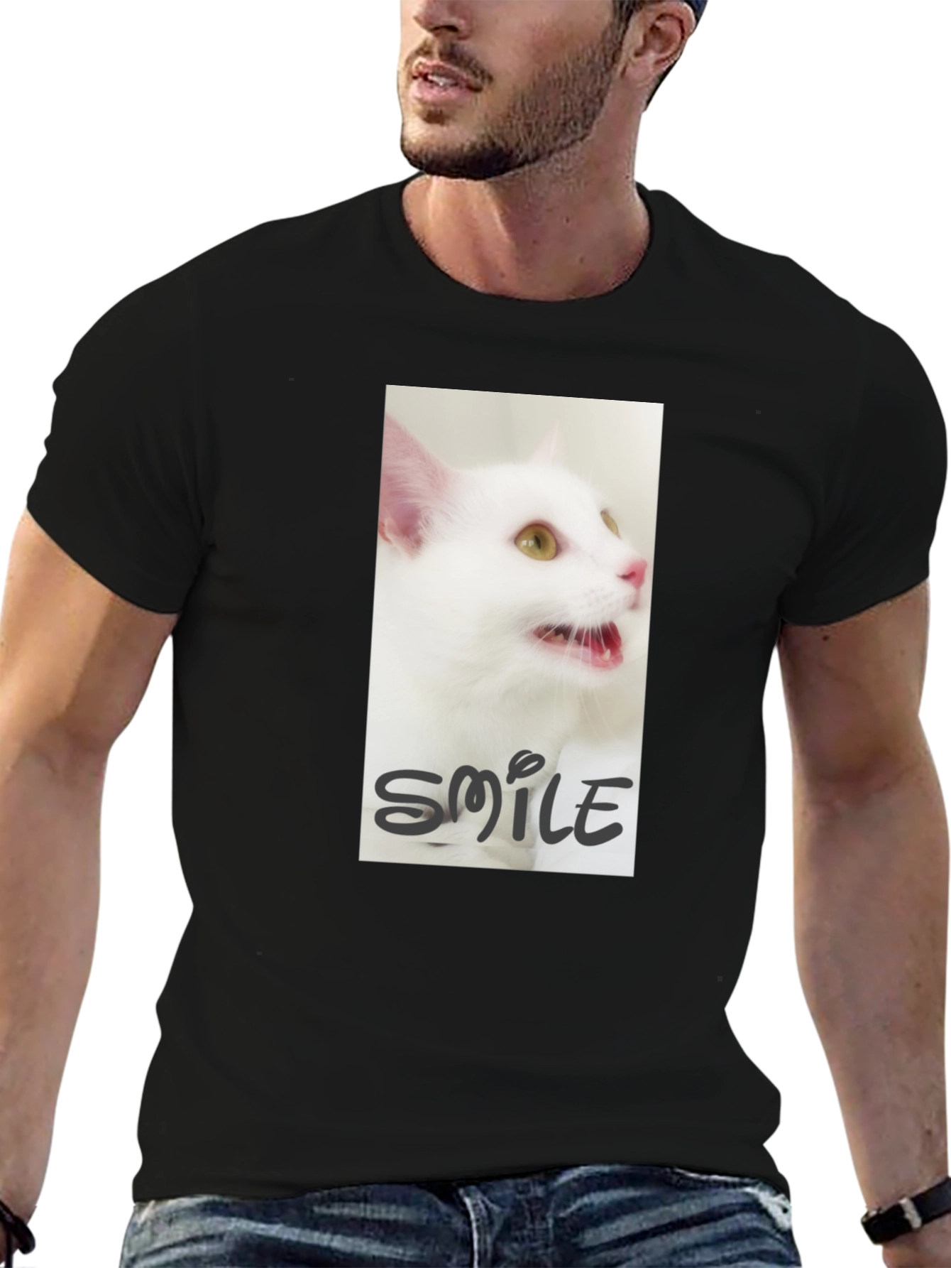 Black T-Shirt with White Cat Smile Graphic