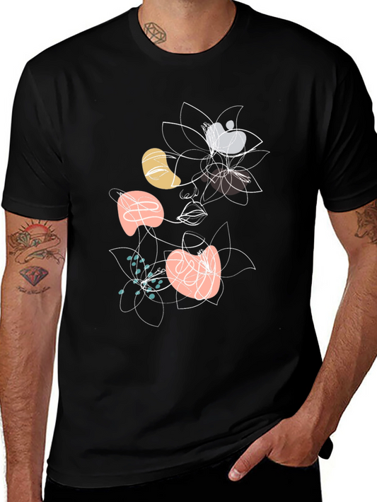 Abstract Floral Face Graphic Black T-Shirt
