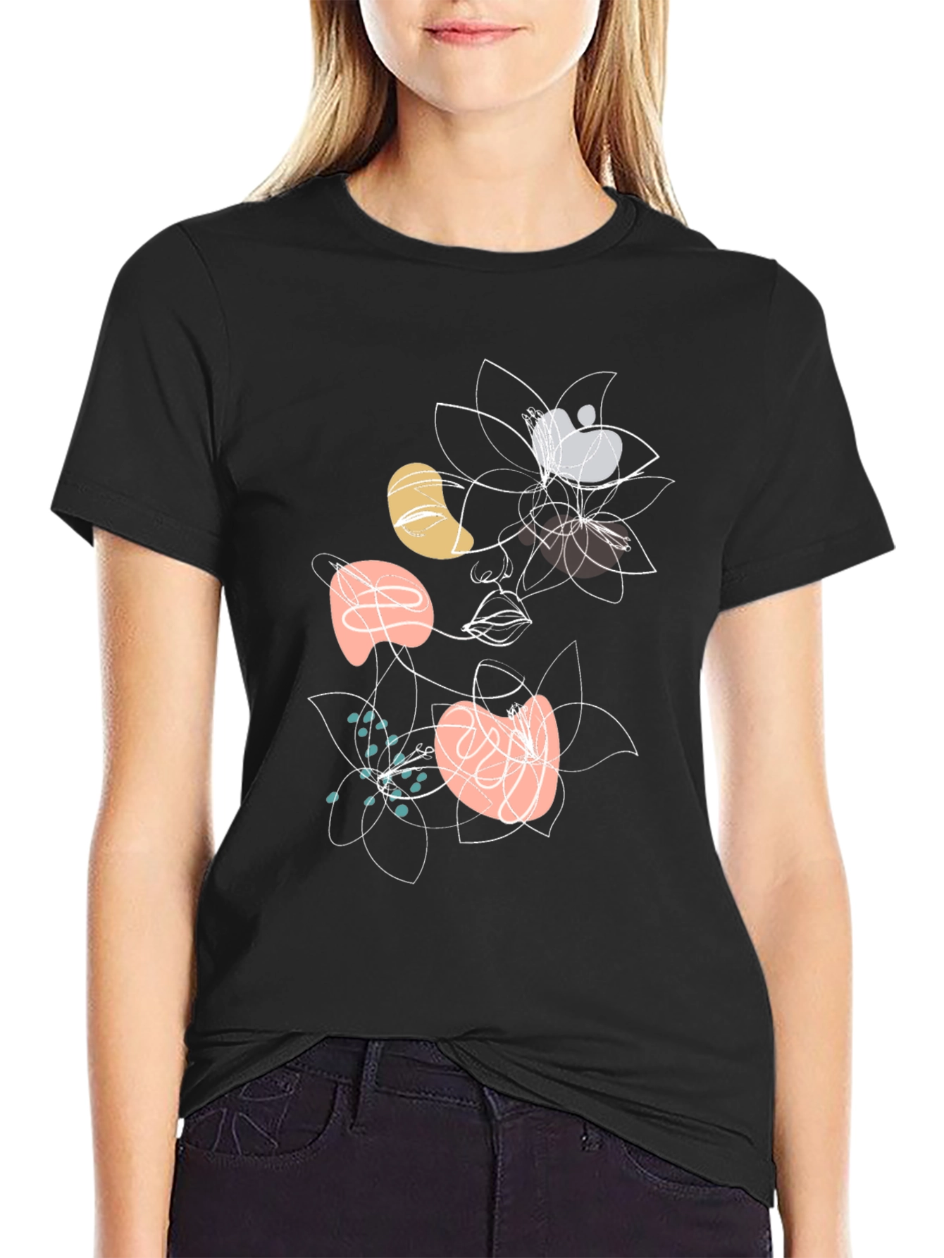 Abstract Floral Face Graphic Black T-Shirt
