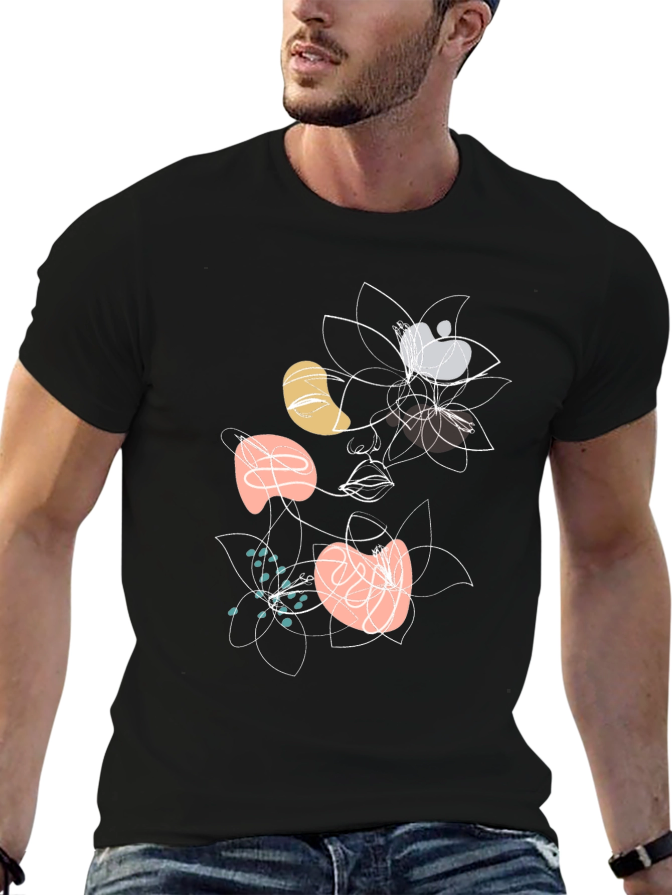 Abstract Floral Face Graphic Black T-Shirt