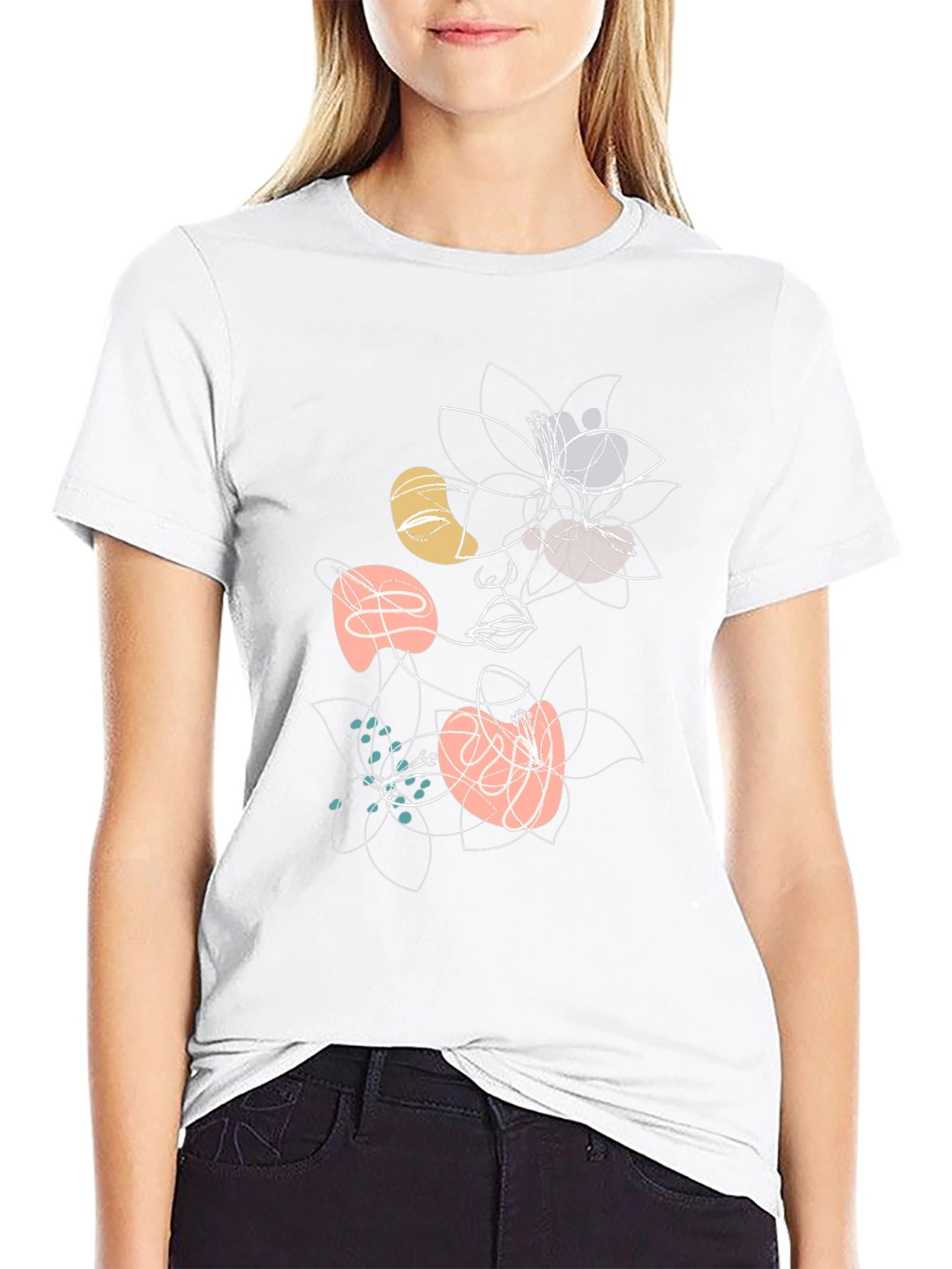 Abstract Floral Face Graphic Black T-Shirt