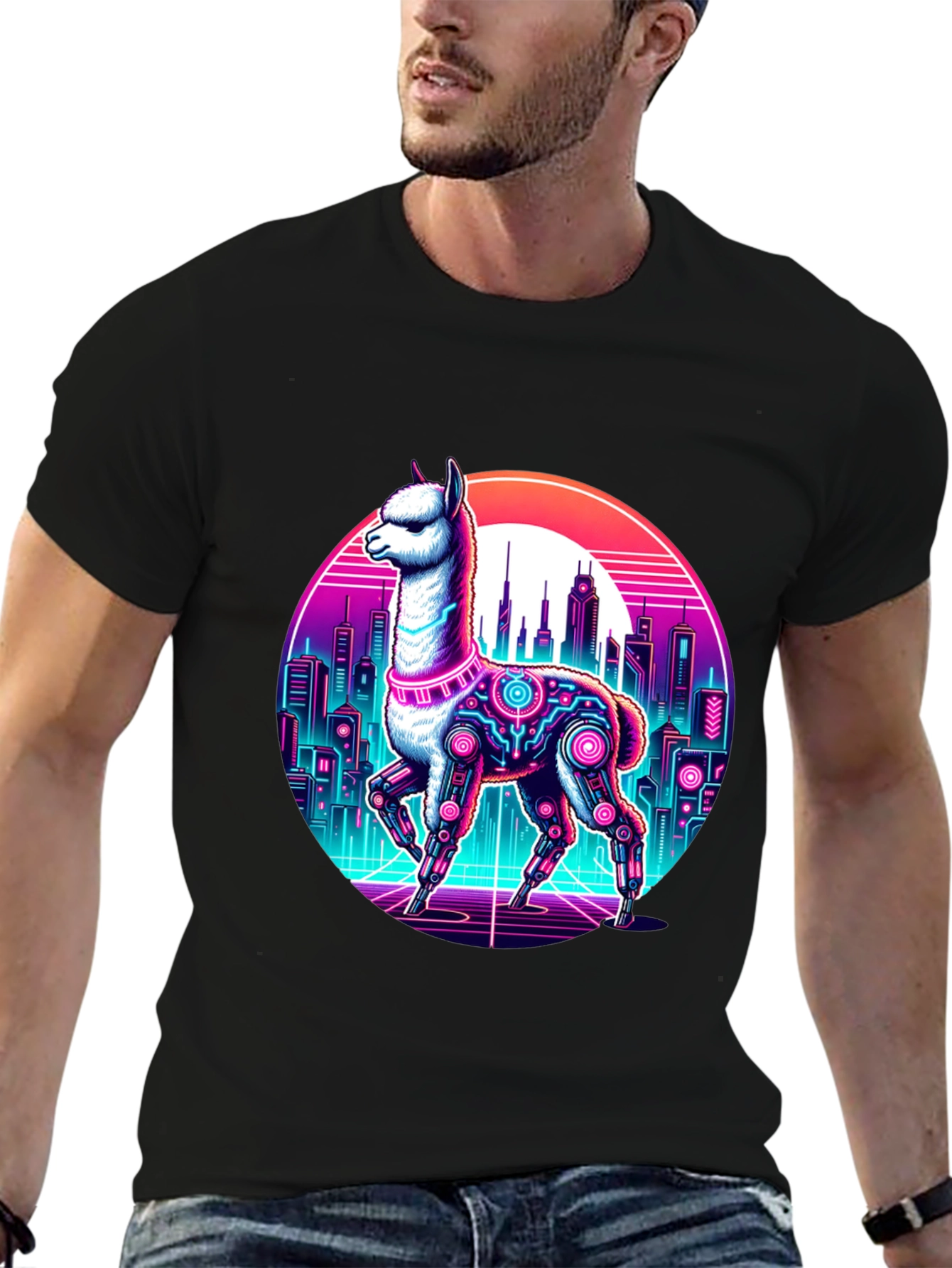 Cyberpunk Llama T-Shirt - Retro Cityscape Graphic Tee