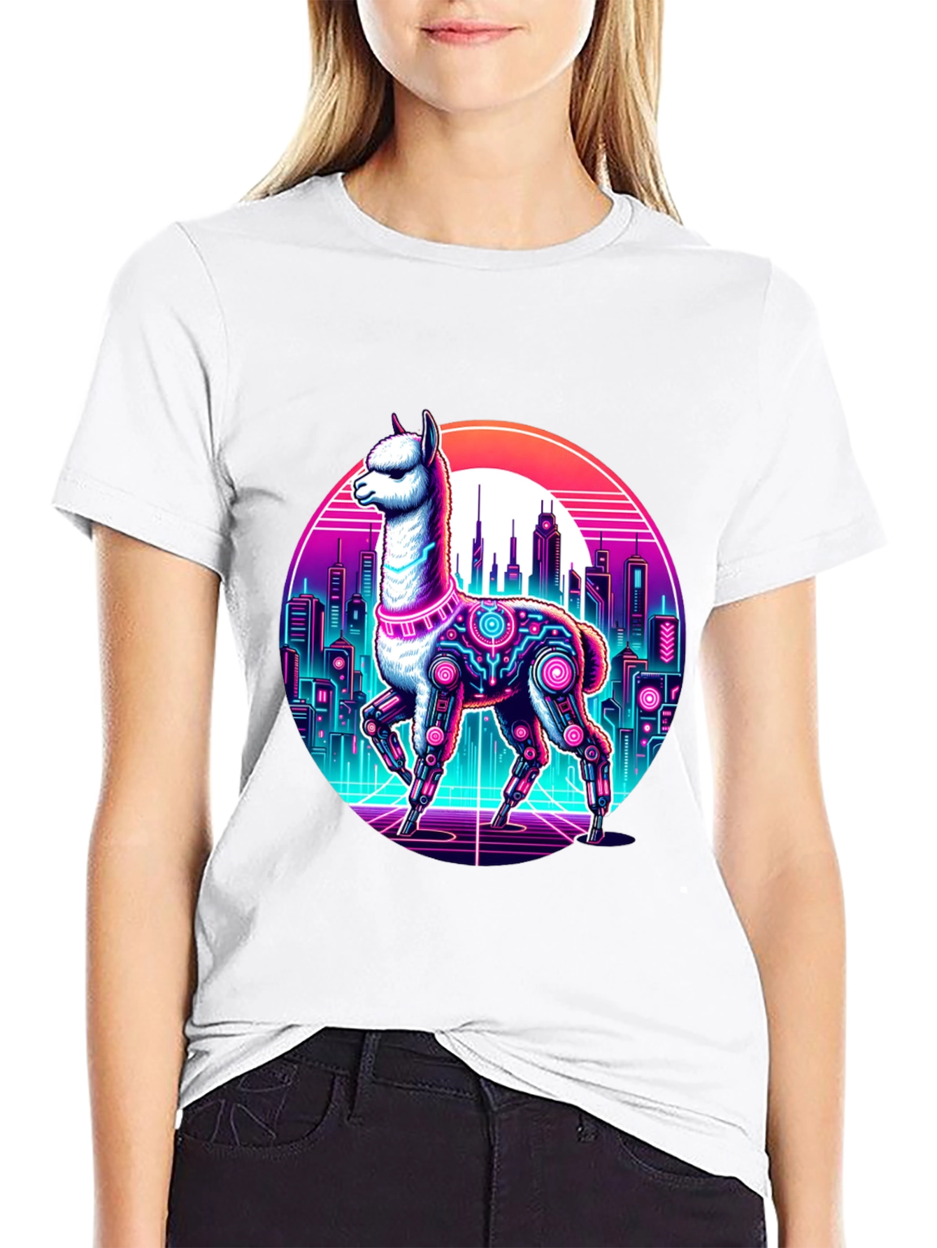 Cyberpunk Llama T-Shirt - Retro Cityscape Graphic Tee