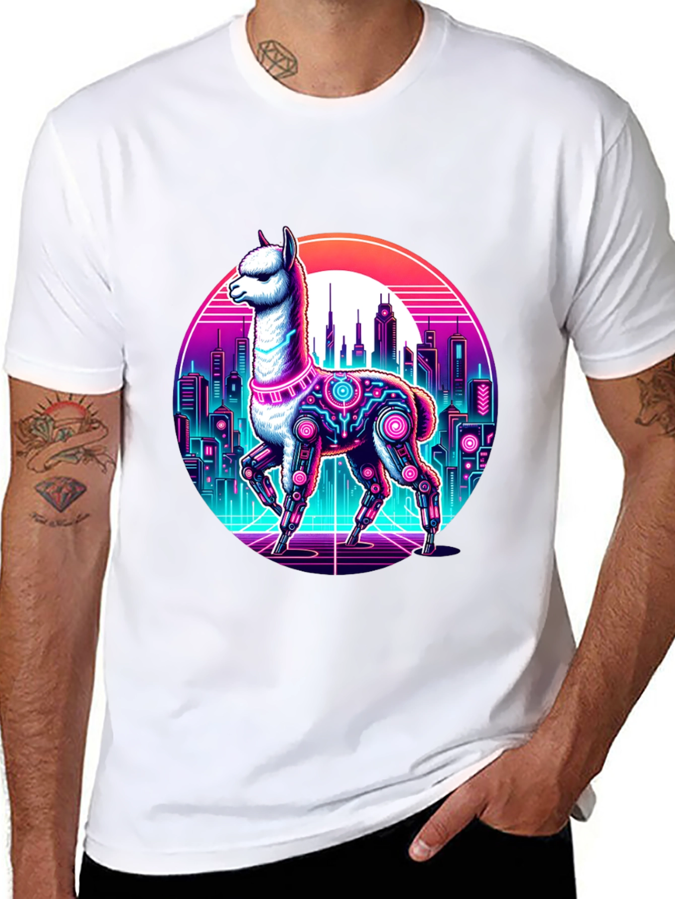 Cyberpunk Llama T-Shirt - Retro Cityscape Graphic Tee