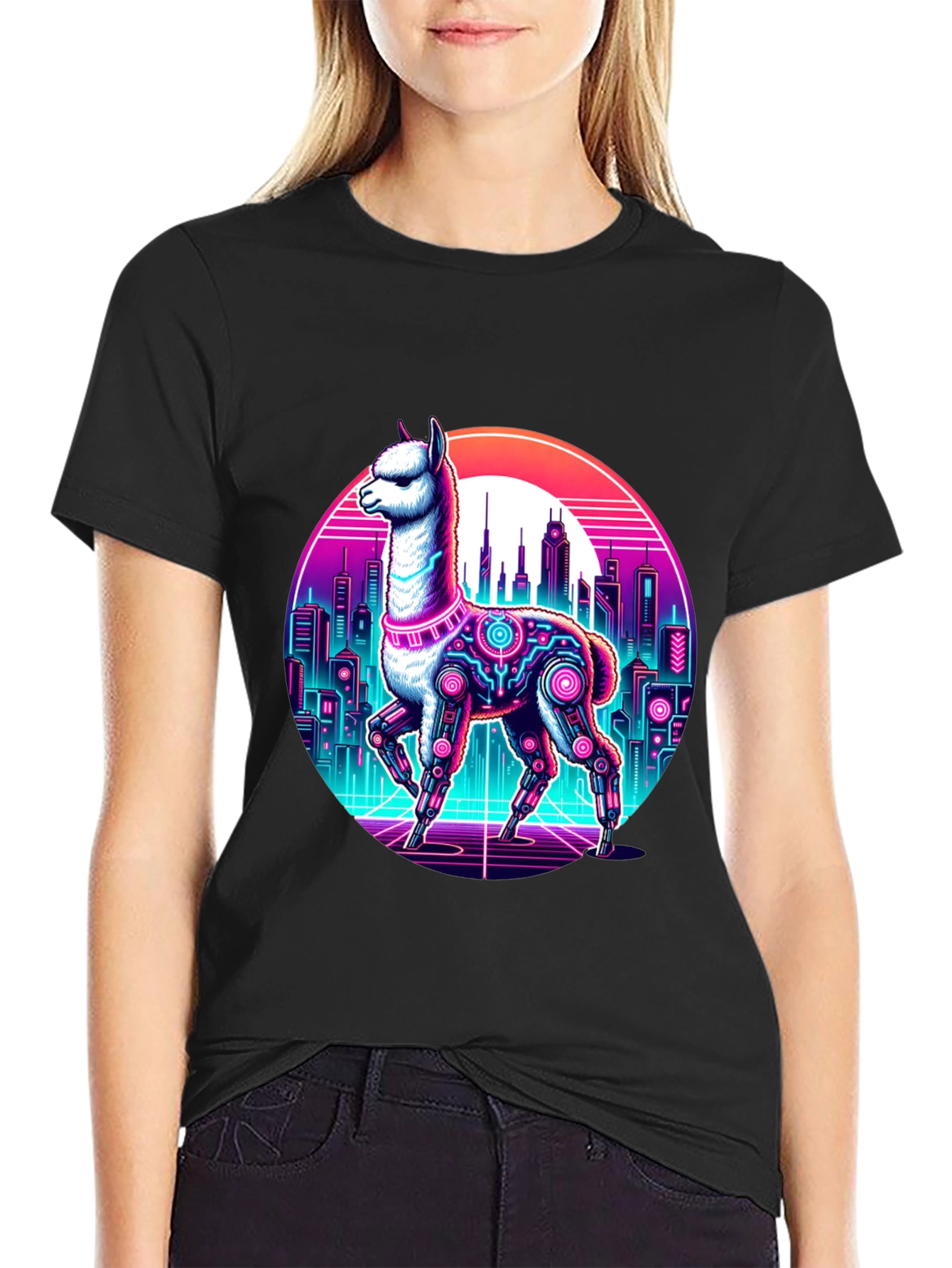 Cyberpunk Llama T-Shirt - Retro Cityscape Graphic Tee