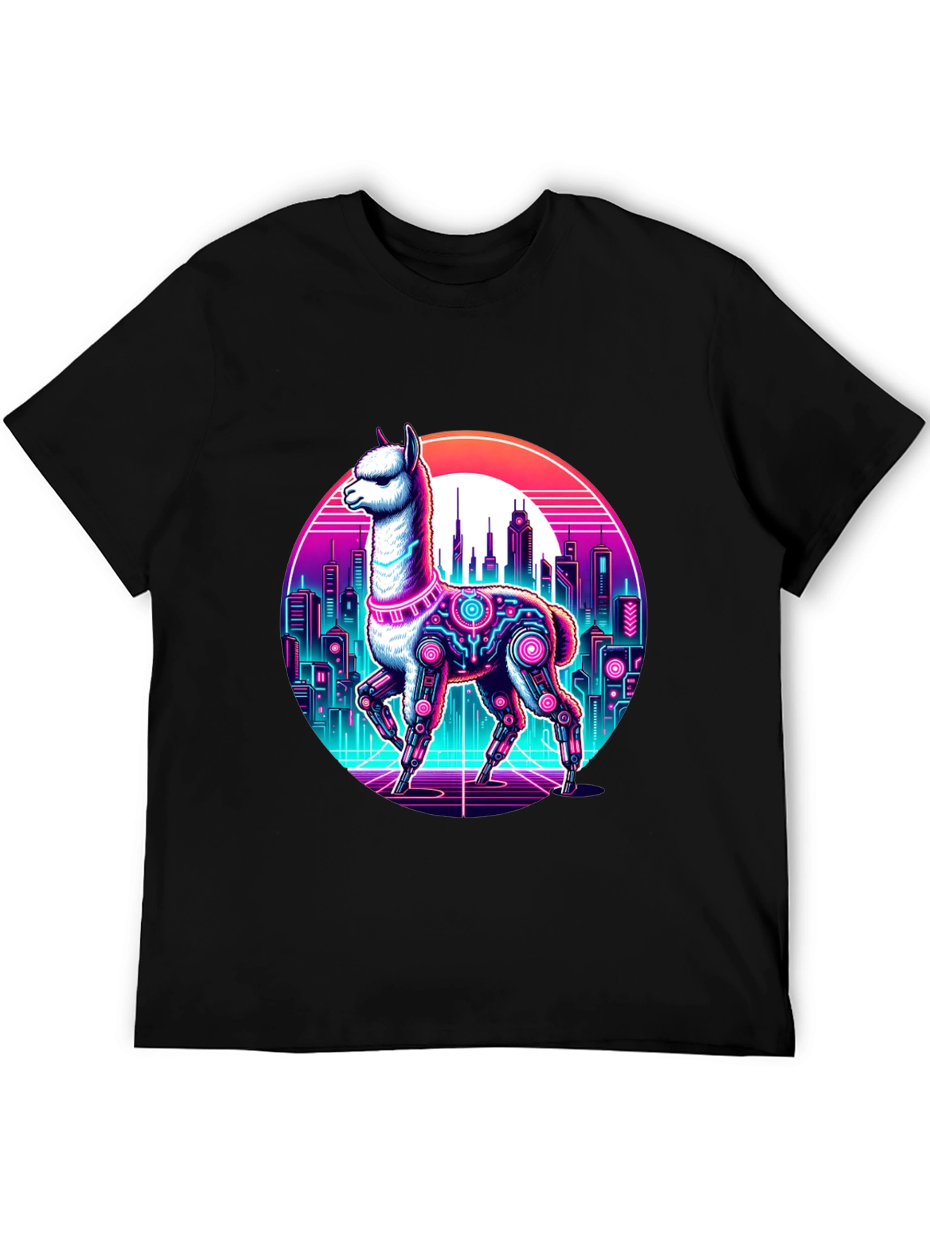 Cyberpunk Llama T-Shirt - Retro Cityscape Graphic Tee