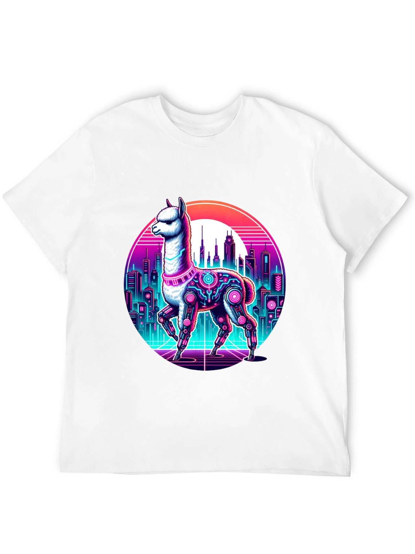 Cyberpunk Llama T-Shirt - Retro Cityscape Graphic Tee