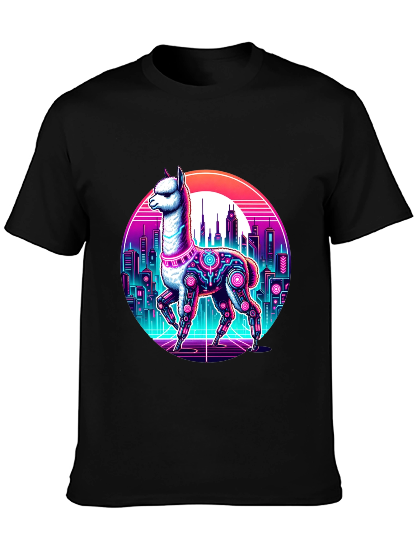 Cyberpunk Llama T-Shirt - Retro Cityscape Graphic Tee