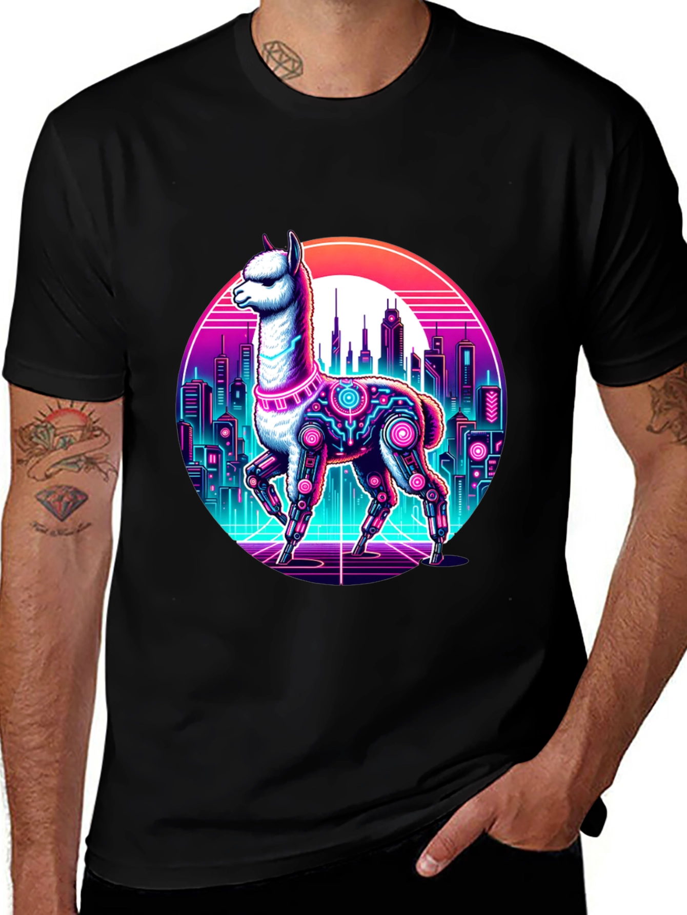 Cyberpunk Llama T-Shirt - Retro Cityscape Graphic Tee