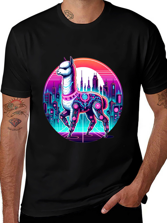 Cyberpunk Llama T-Shirt - Retro Cityscape Graphic Tee
