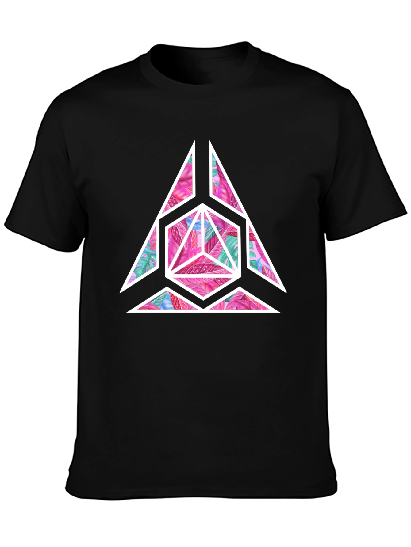 Geometric Floral Print Mens Black T-Shirt
