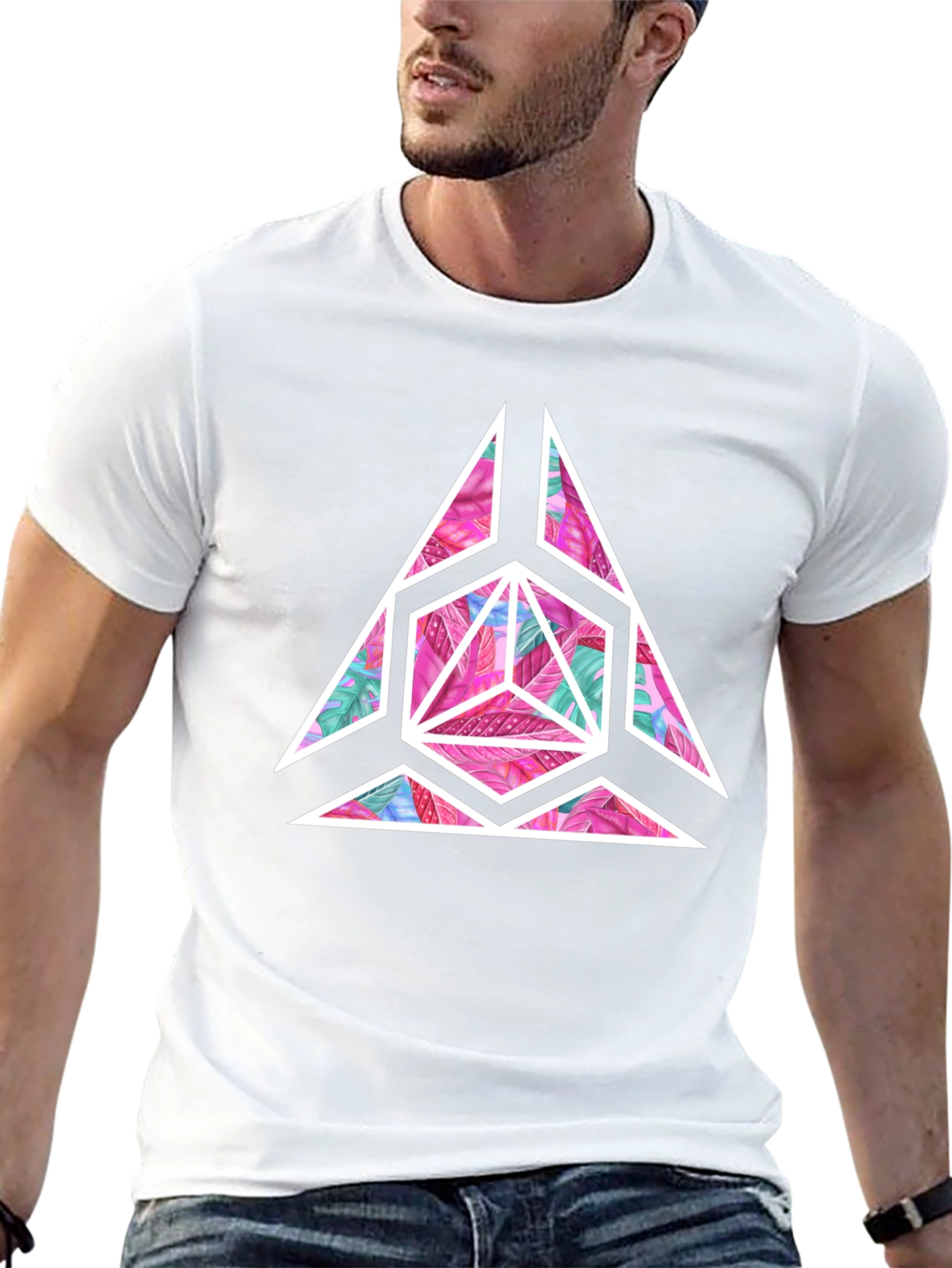 Geometric Floral Print Mens Black T-Shirt