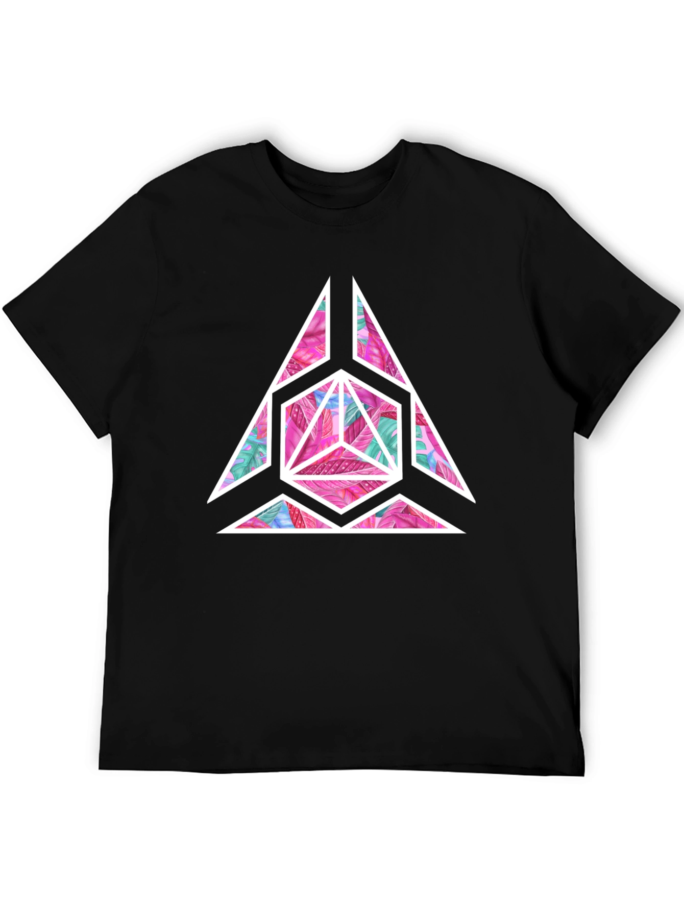 Geometric Floral Print Mens Black T-Shirt