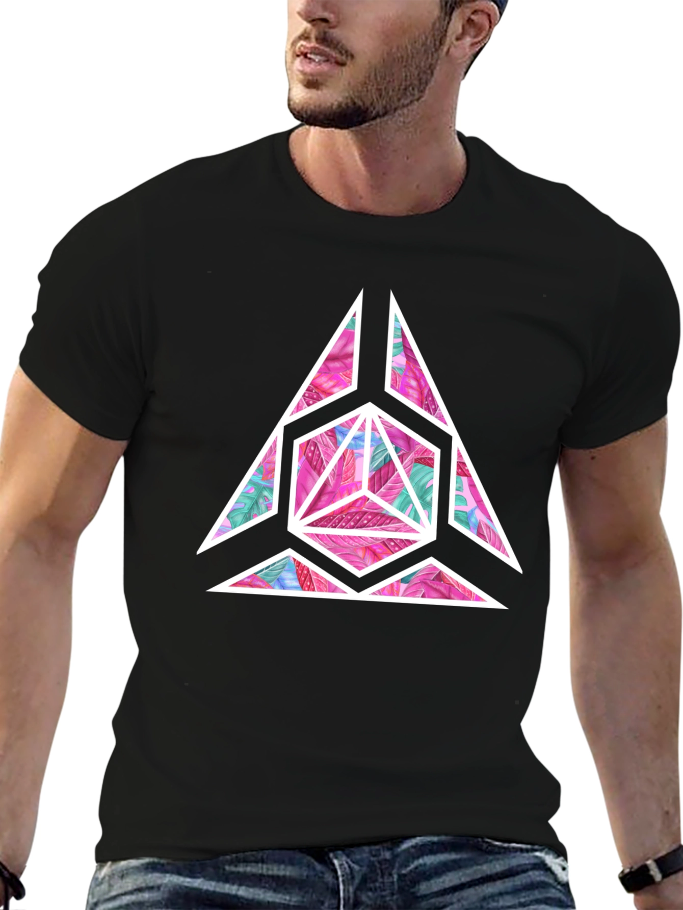 Geometric Floral Print Mens Black T-Shirt