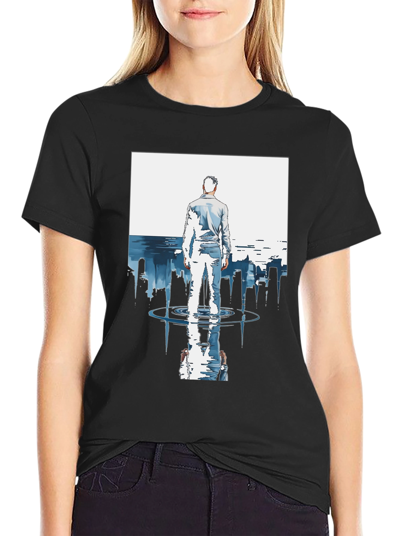 Abstract City Reflection Graphic Black T-Shirt