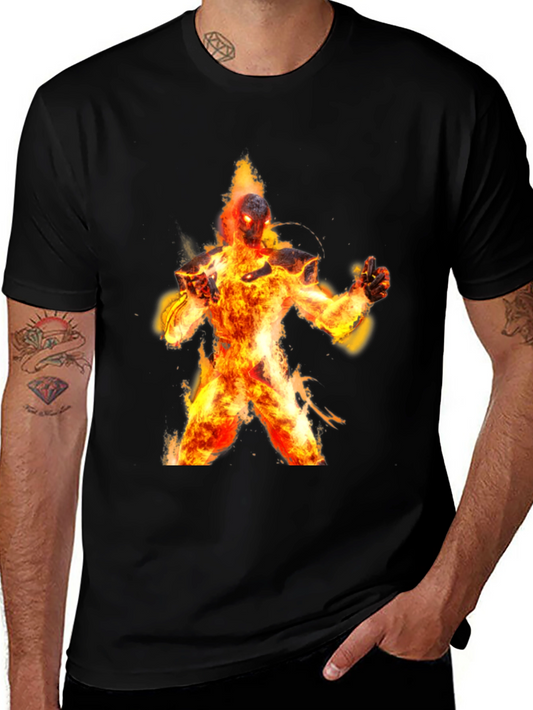 Flaming Fire Elemental Graphic Tee - Black Cotton Blend