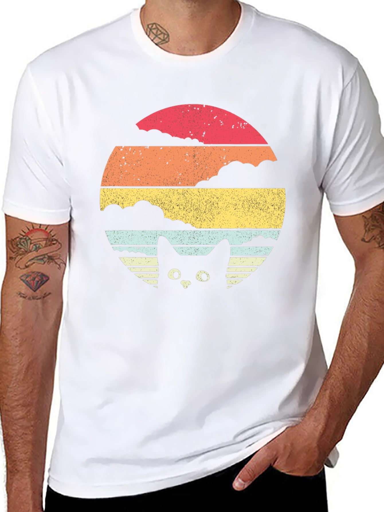 Retro Cat Sunset Graphic Tee - Black