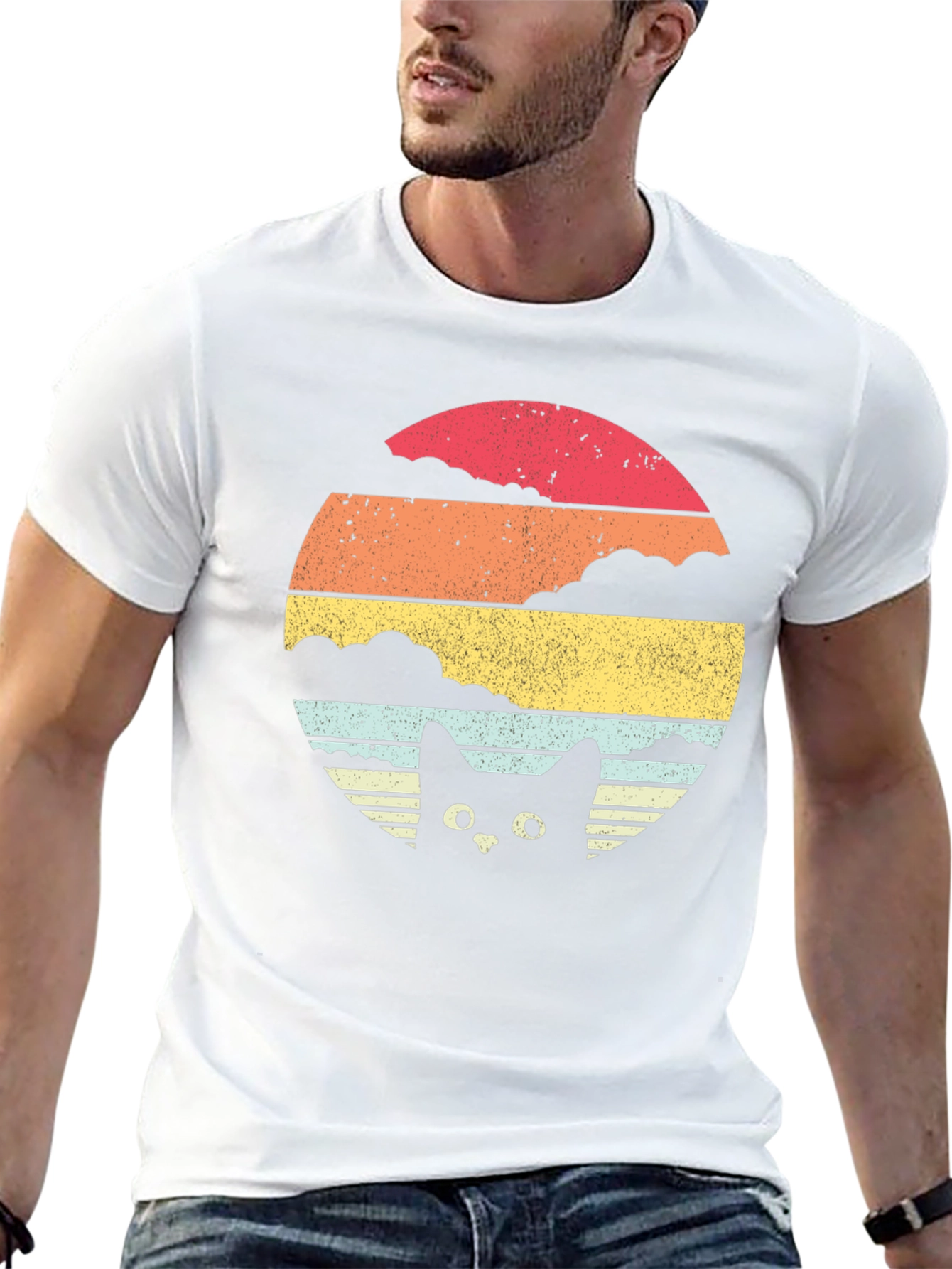 Retro Cat Sunset Graphic Tee - Black