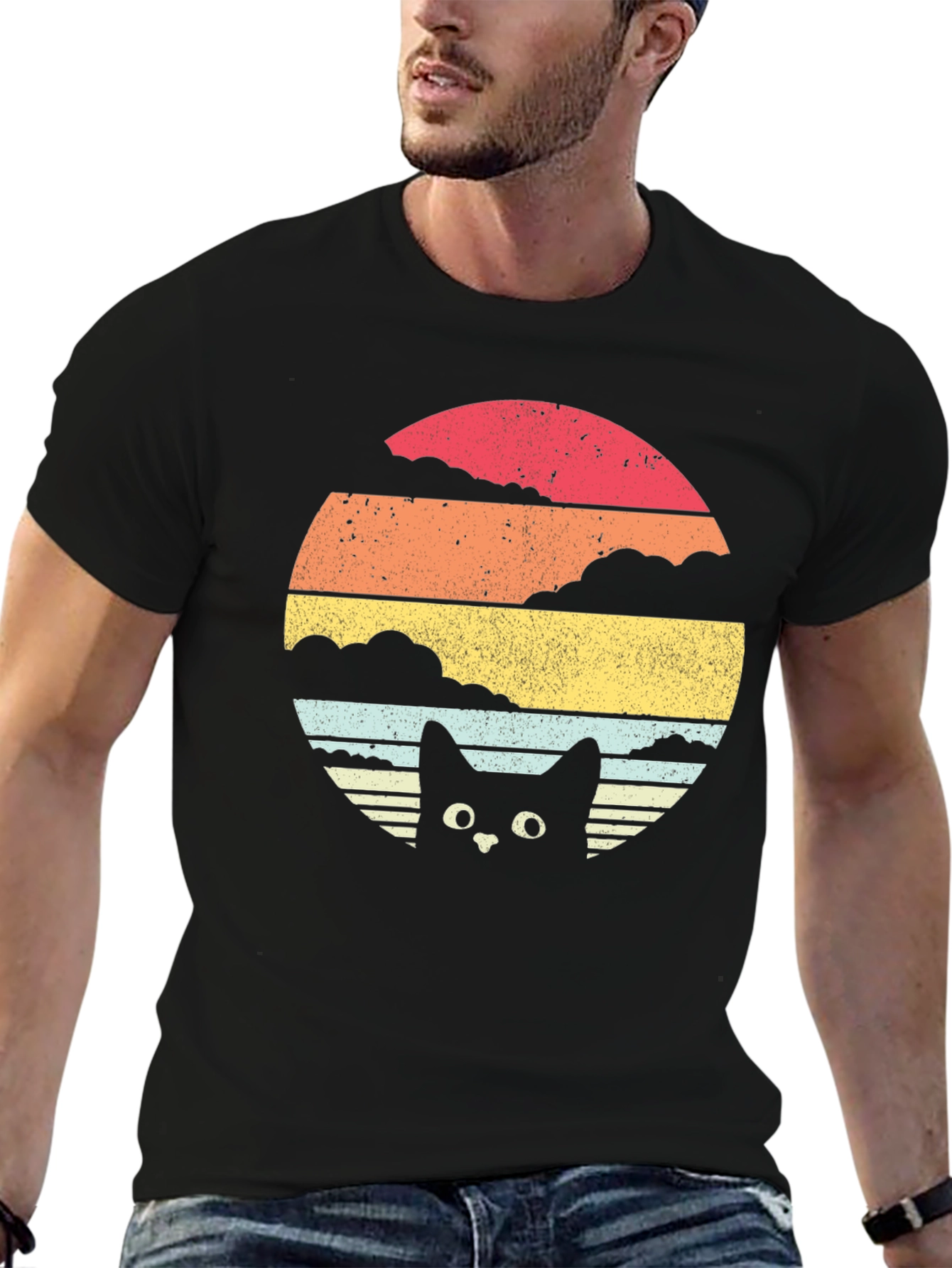 Retro Cat Sunset Graphic Tee - Black