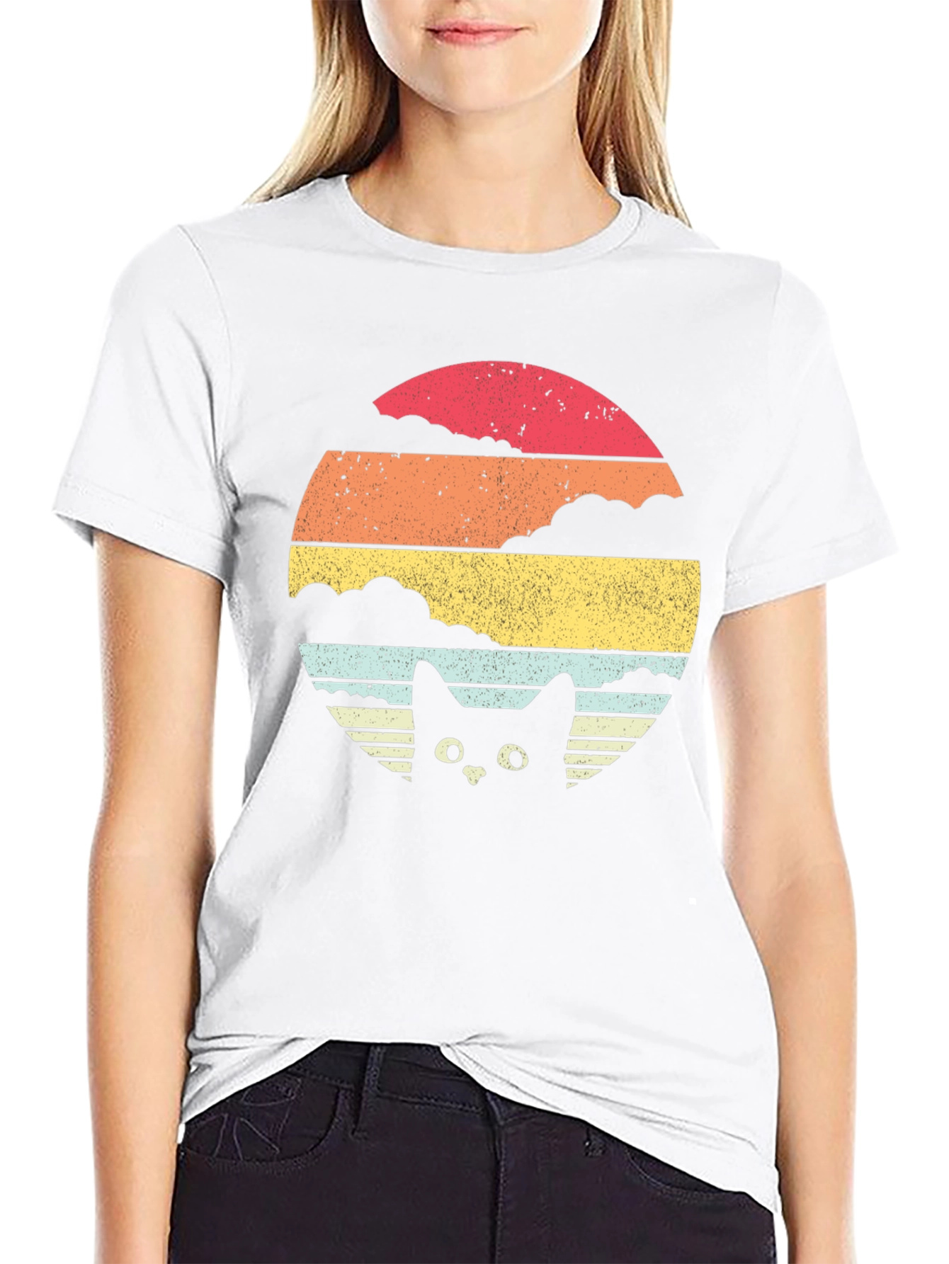 Retro Cat Sunset Graphic Tee - Black