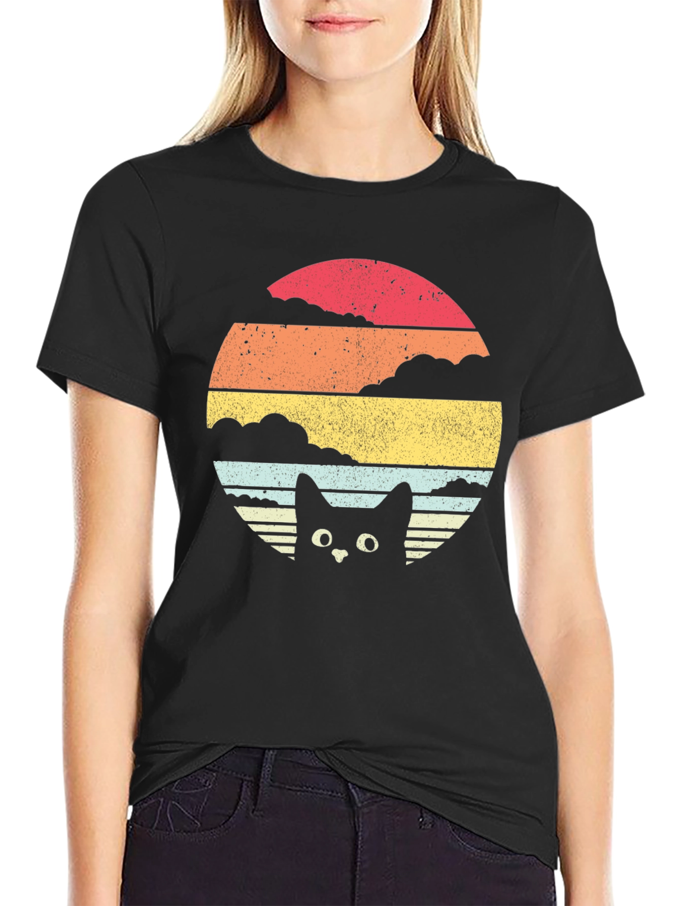 Retro Cat Sunset Graphic Tee - Black
