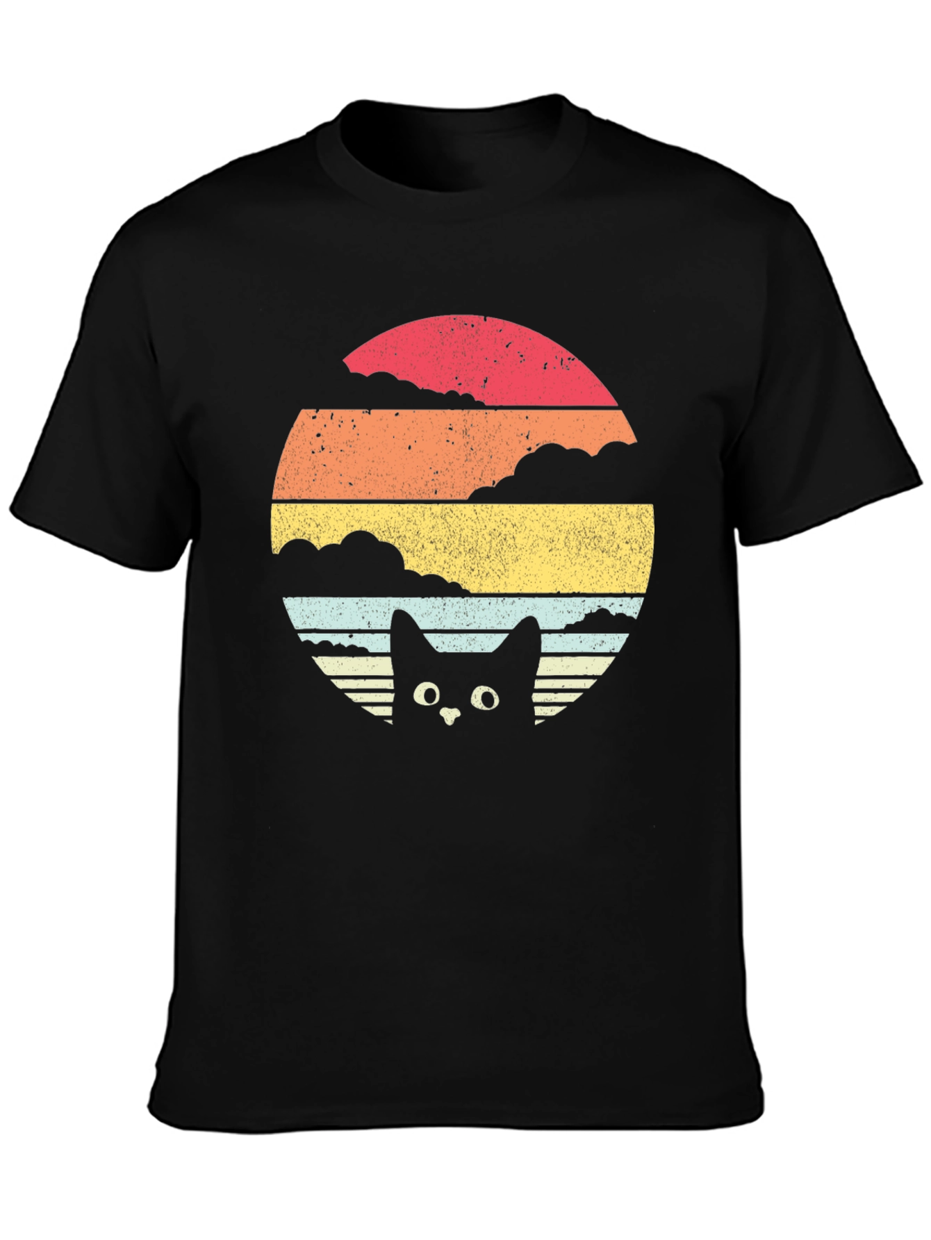 Retro Cat Sunset Graphic Tee - Black