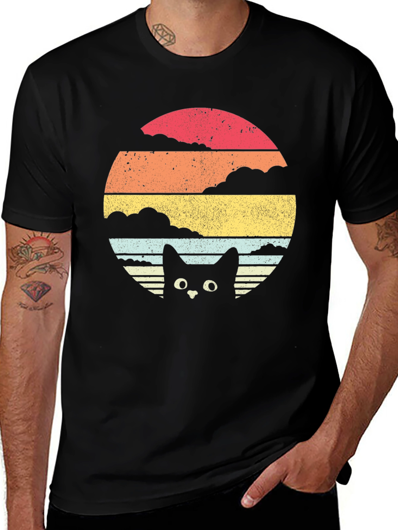 Retro Cat Sunset Graphic Tee - Black