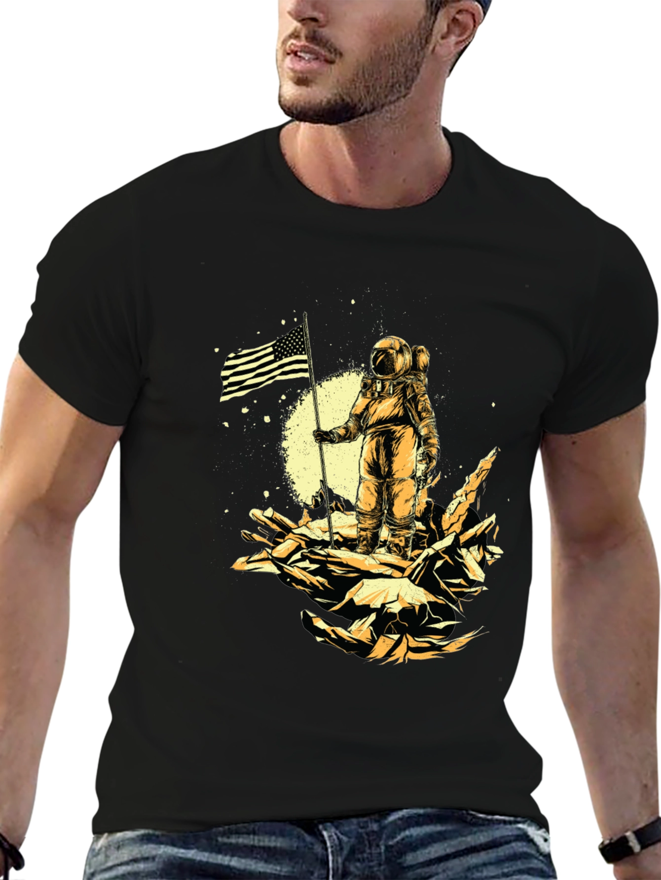 Astronaut USA Flag Graphic Print Black T-Shirt