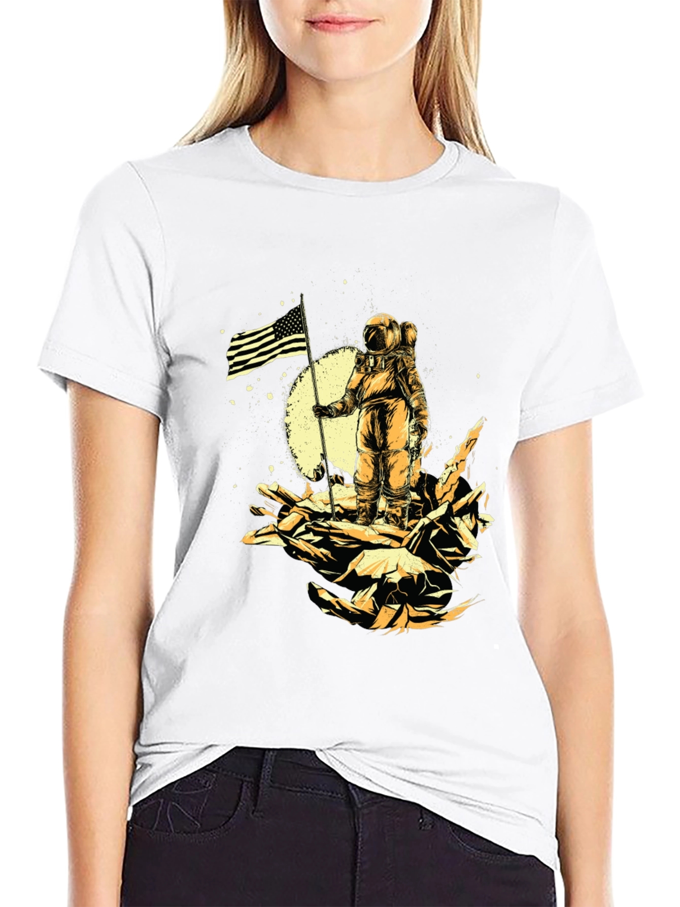 Astronaut USA Flag Graphic Print Black T-Shirt