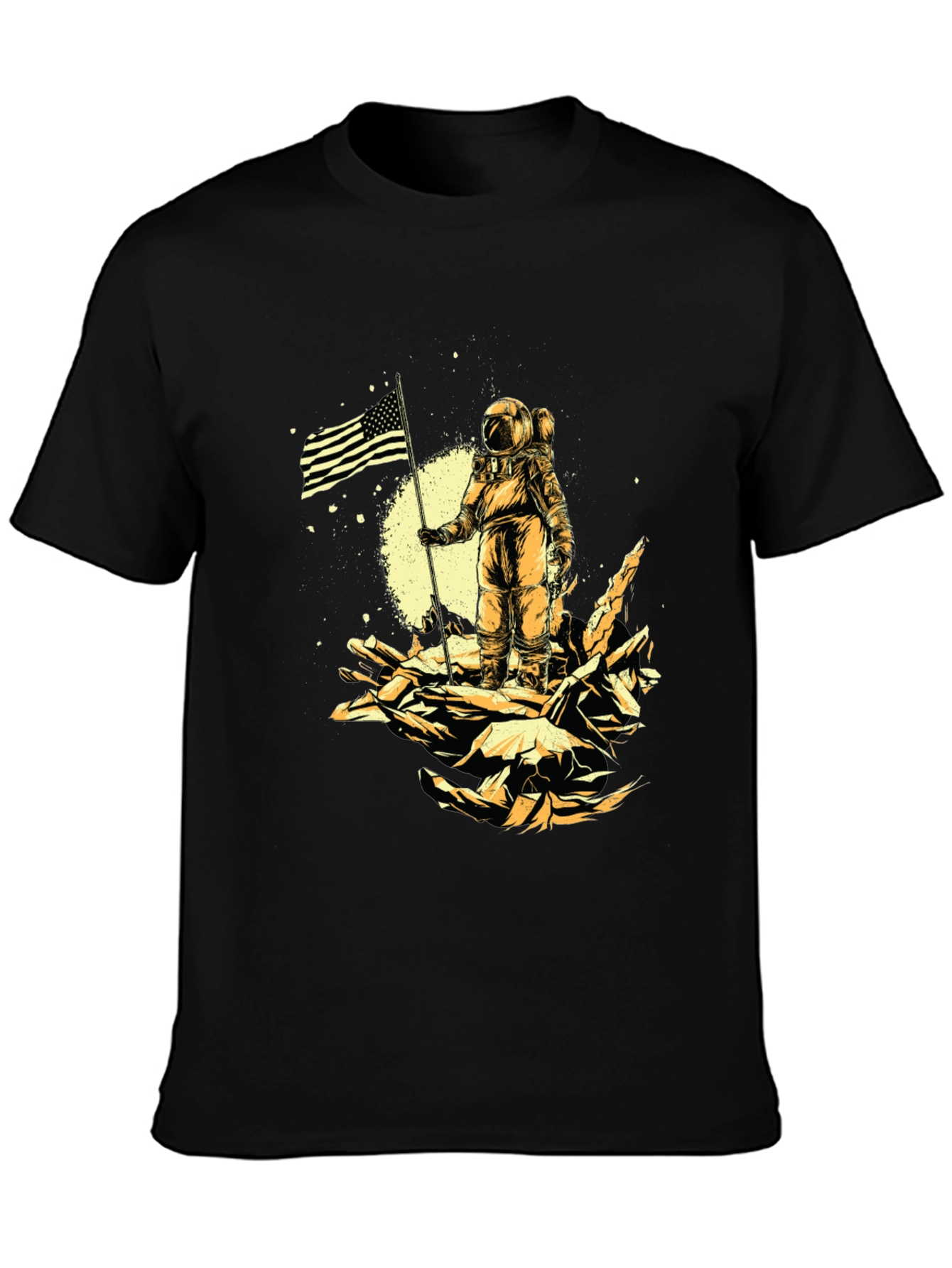 Astronaut USA Flag Graphic Print Black T-Shirt