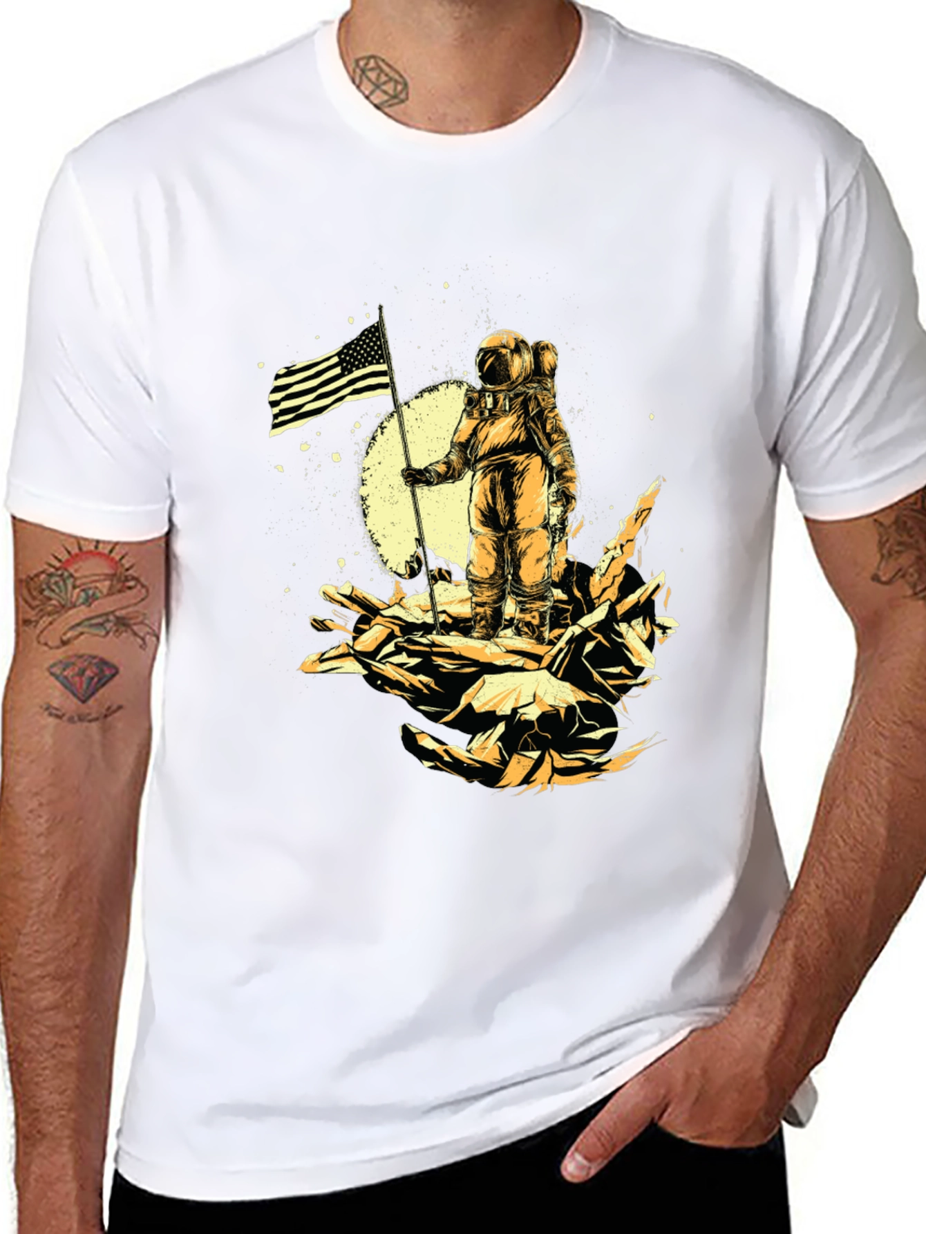 Astronaut USA Flag Graphic Print Black T-Shirt