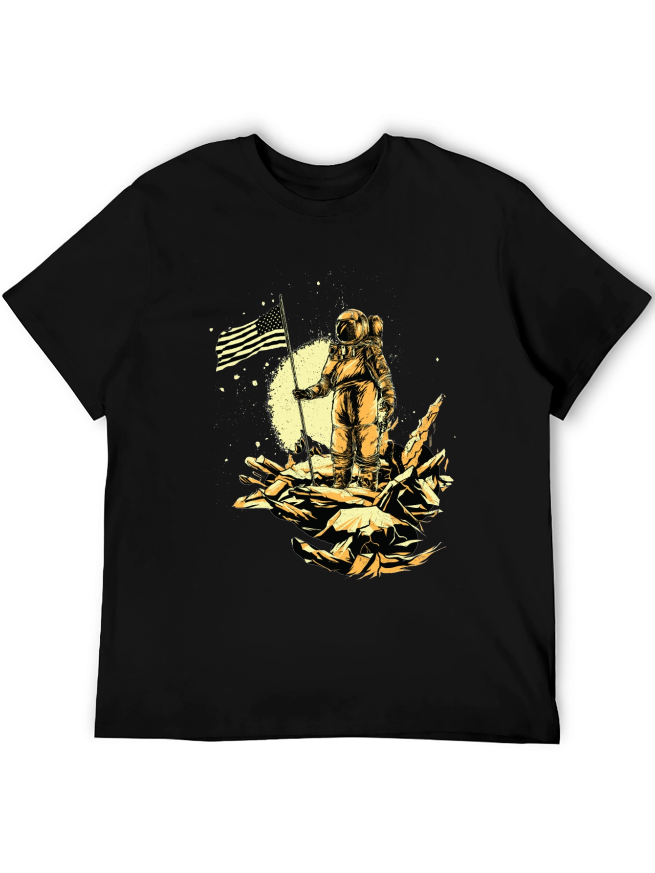 Astronaut USA Flag Graphic Print Black T-Shirt