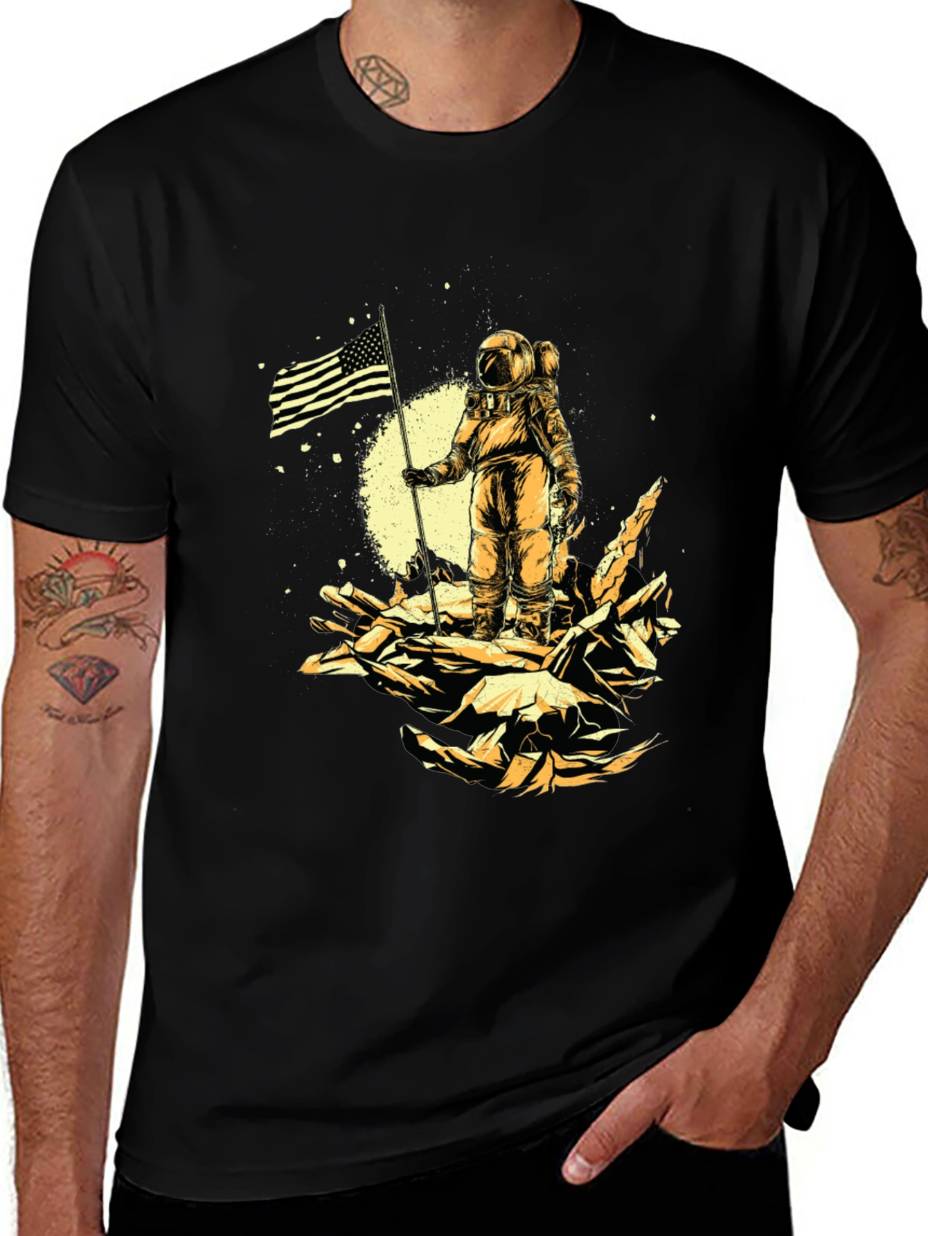 Astronaut USA Flag Graphic Print Black T-Shirt