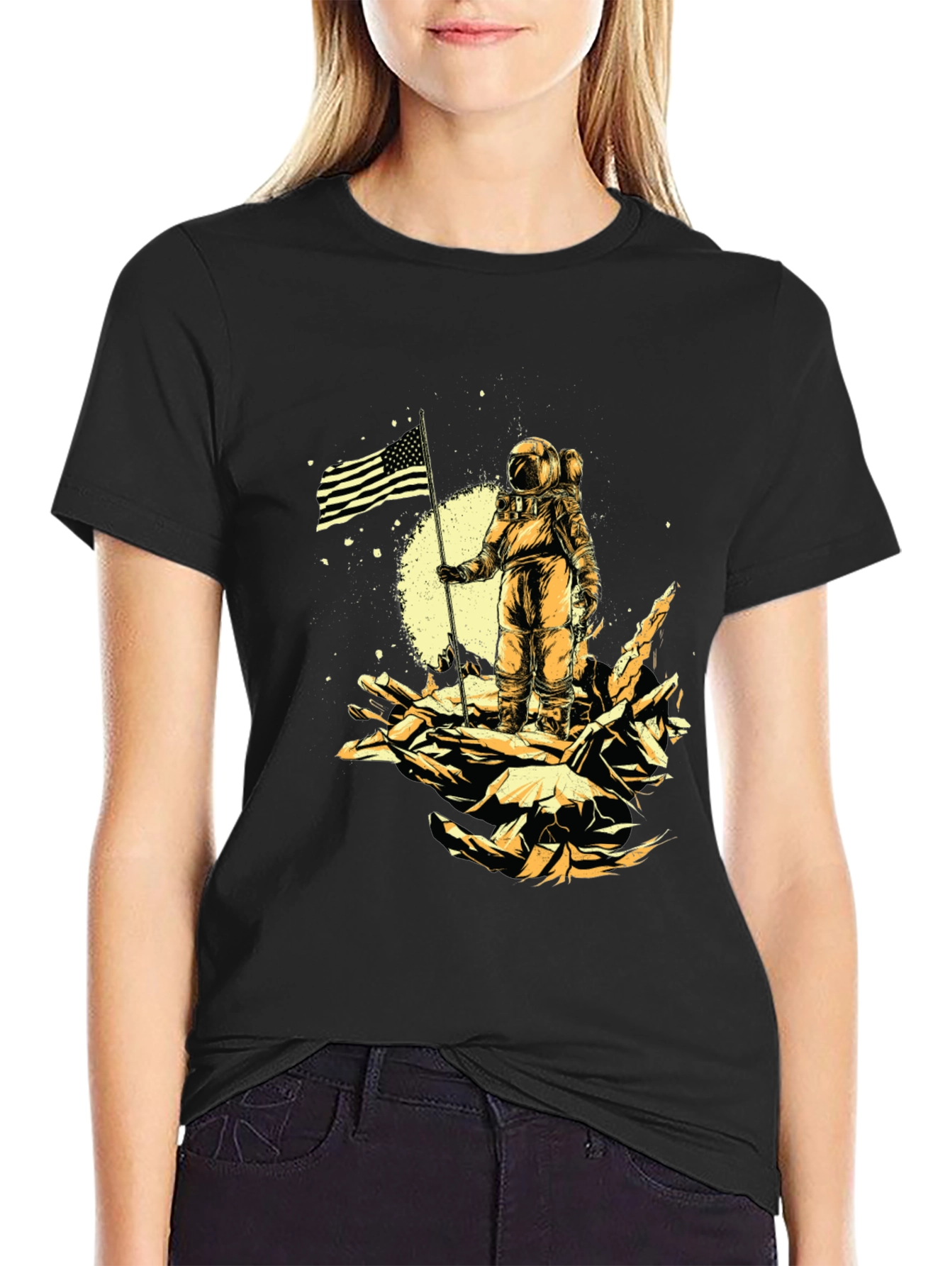 Astronaut USA Flag Graphic Print Black T-Shirt