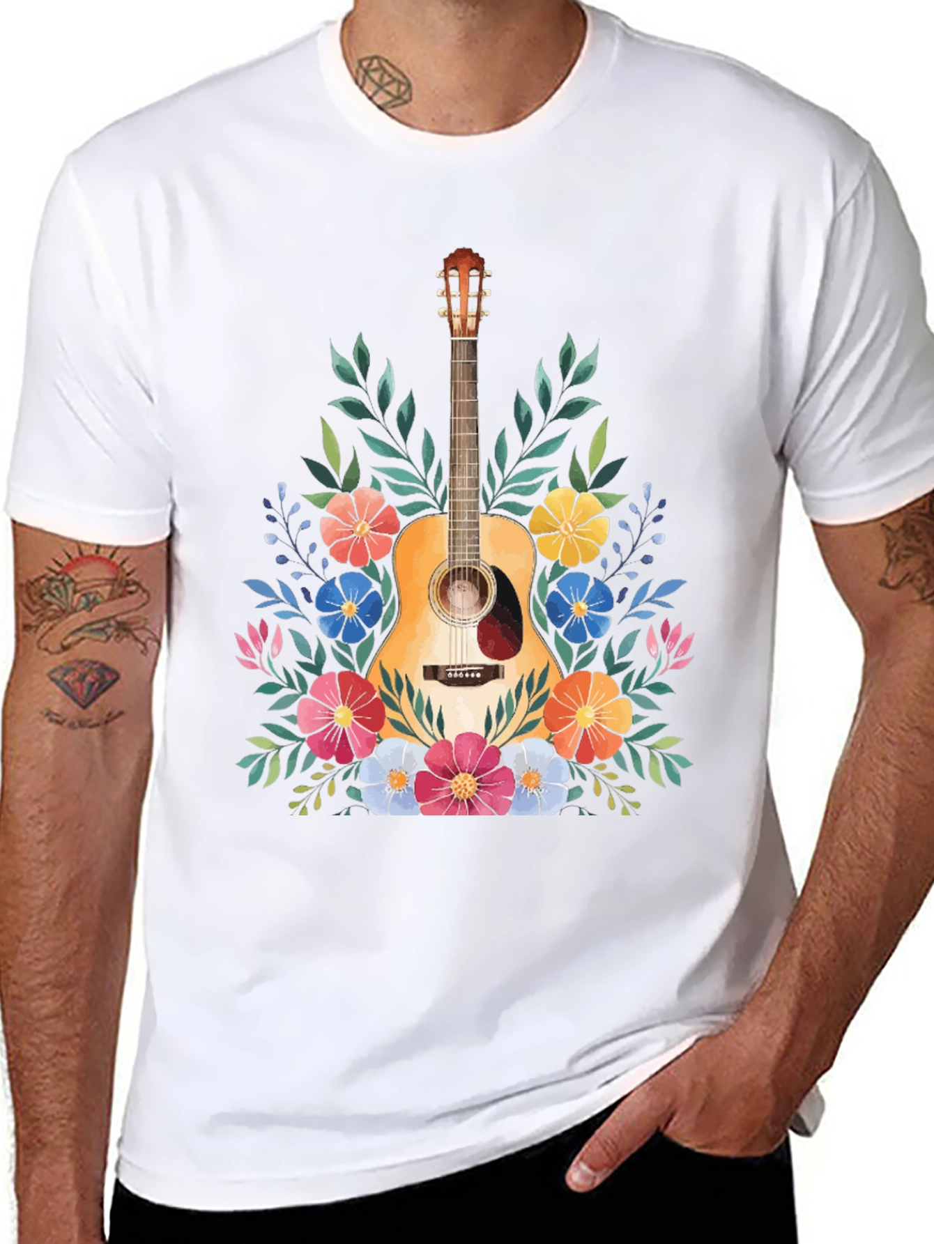 Floral Guitar Graphic Tee - Music Lovers T-Shirt
