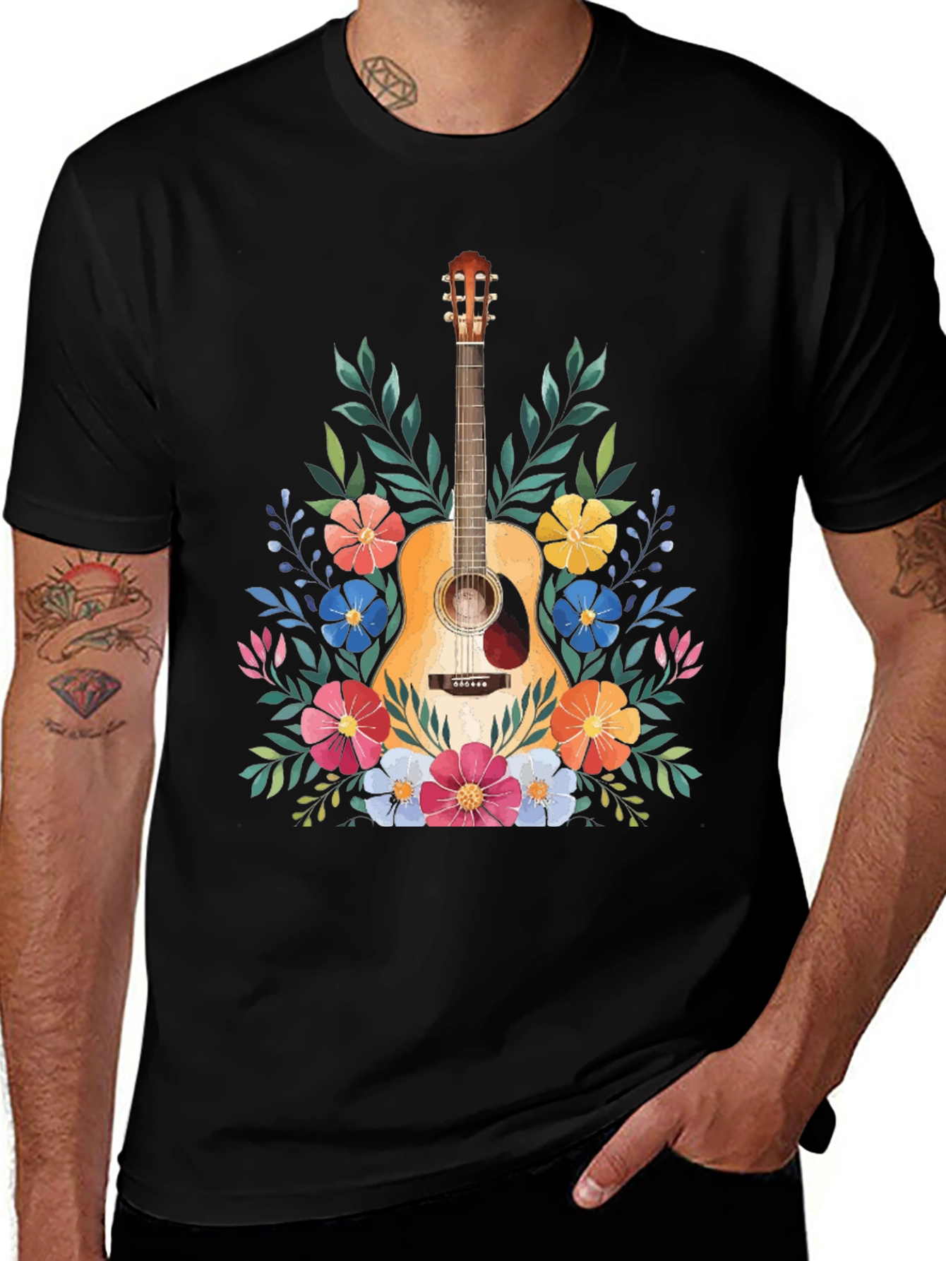 Floral Guitar Graphic Tee - Music Lovers T-Shirt