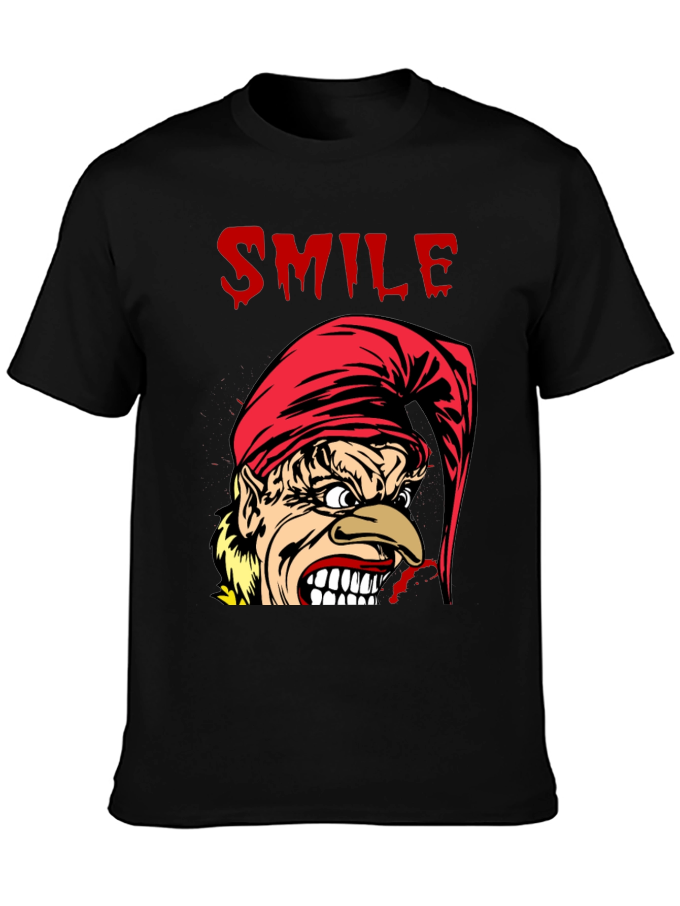 Creepy Cartoon Elf Smile Graphic Black T-Shirt