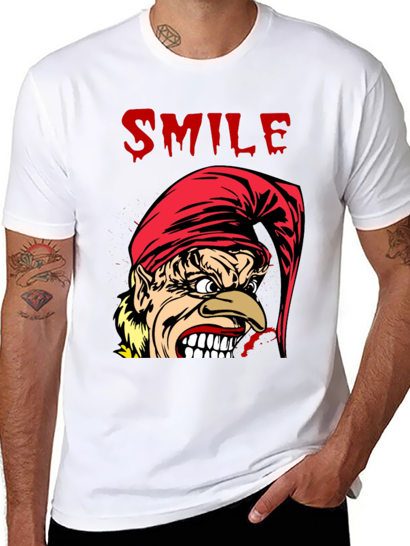 Creepy Cartoon Elf Smile Graphic Black T-Shirt
