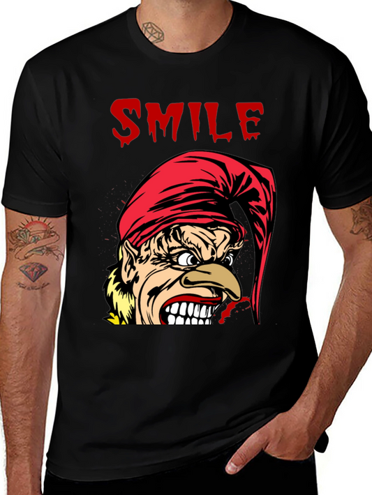 Creepy Cartoon Elf Smile Graphic Black T-Shirt