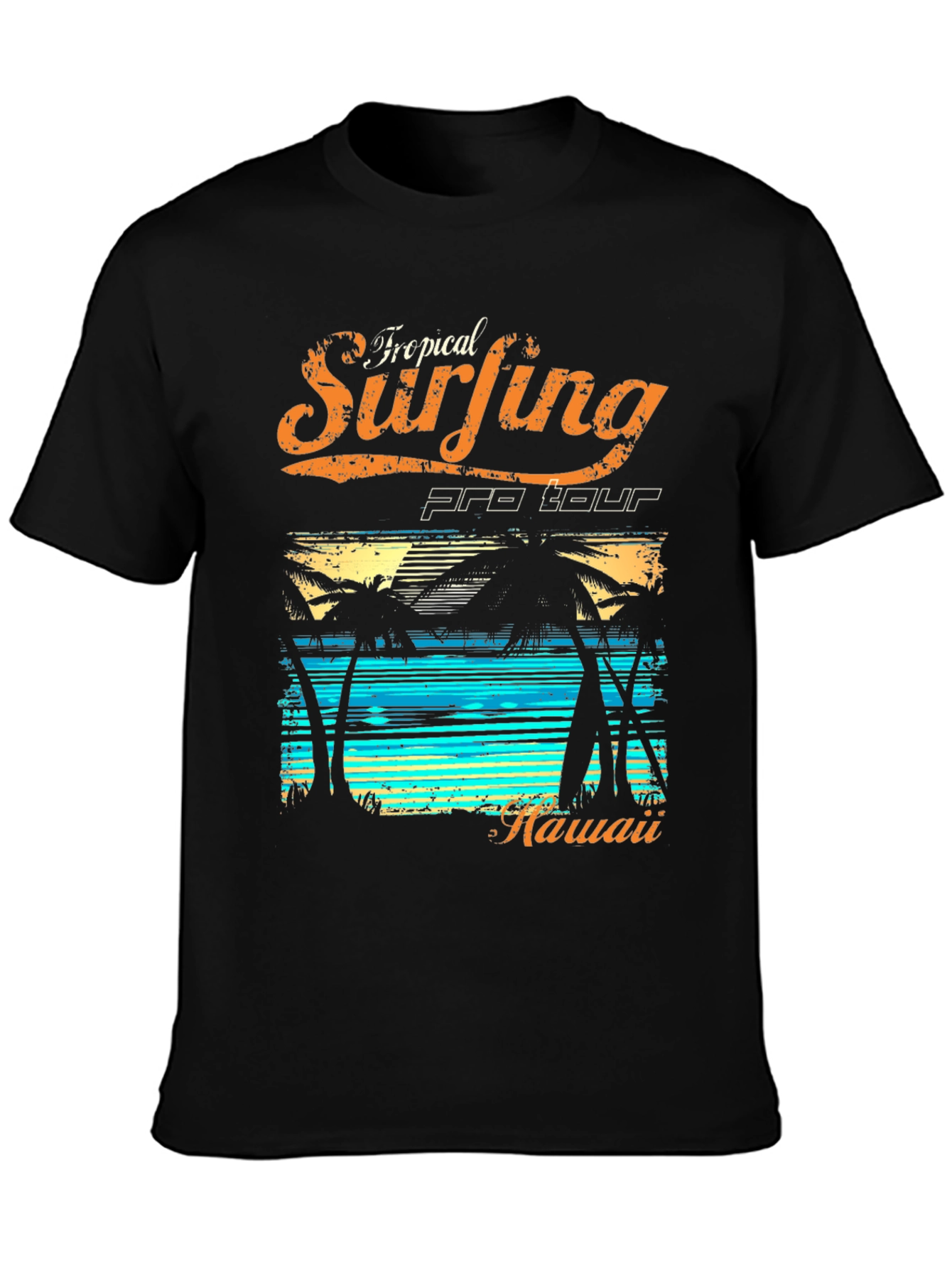 Tropical Surfing Hawaii Black T-Shirt