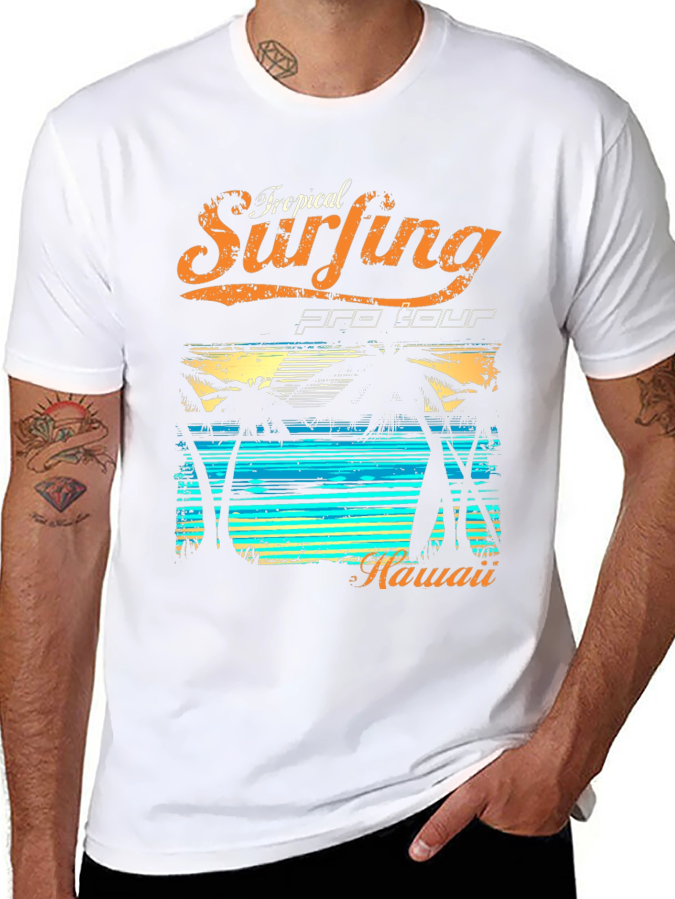Tropical Surfing Hawaii Black T-Shirt