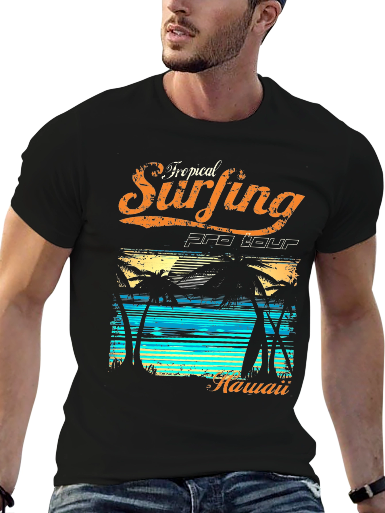 Tropical Surfing Hawaii Black T-Shirt