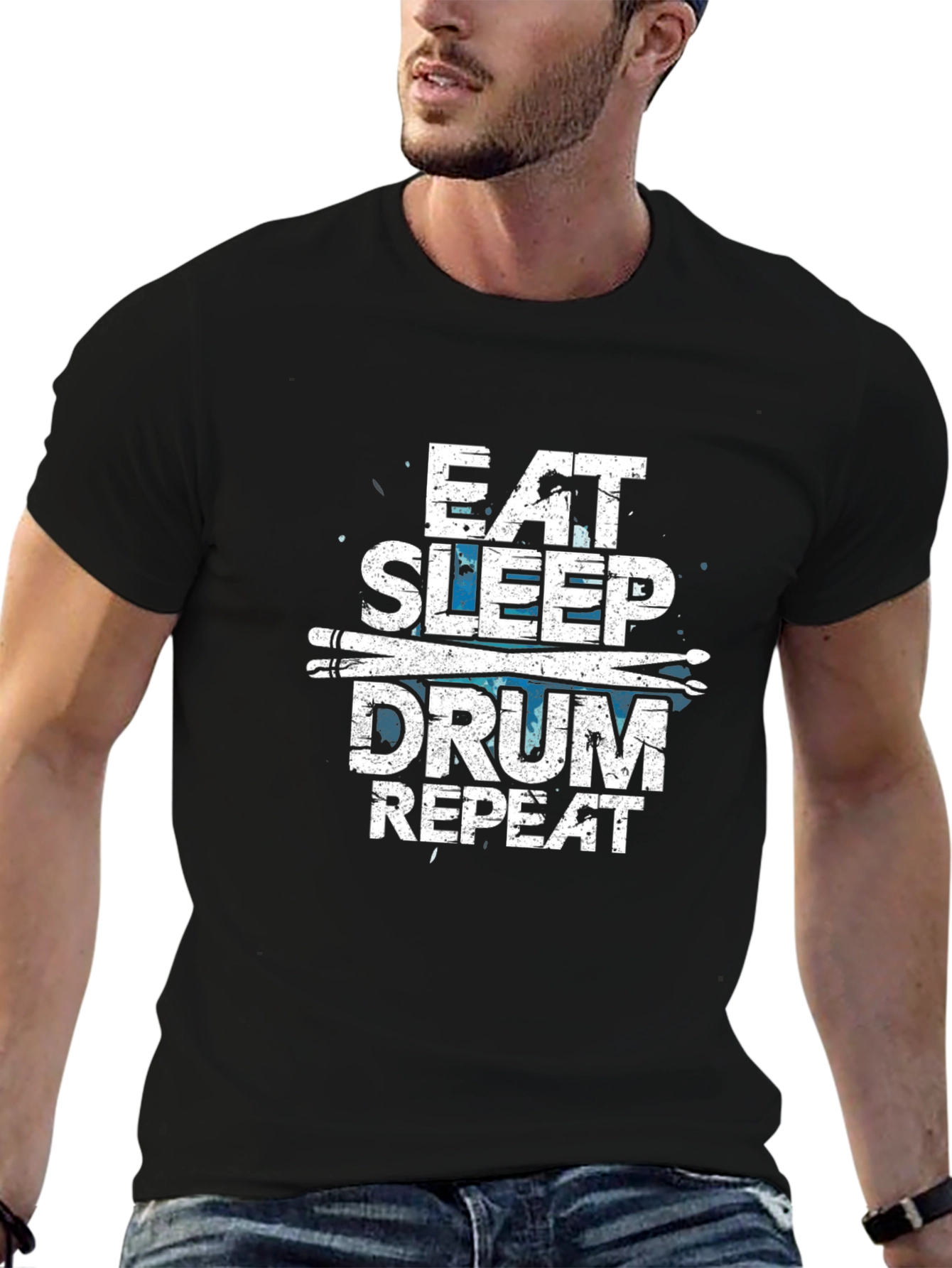 Eat Sleep Drum Repeat Mens Black Graphic T-Shirt