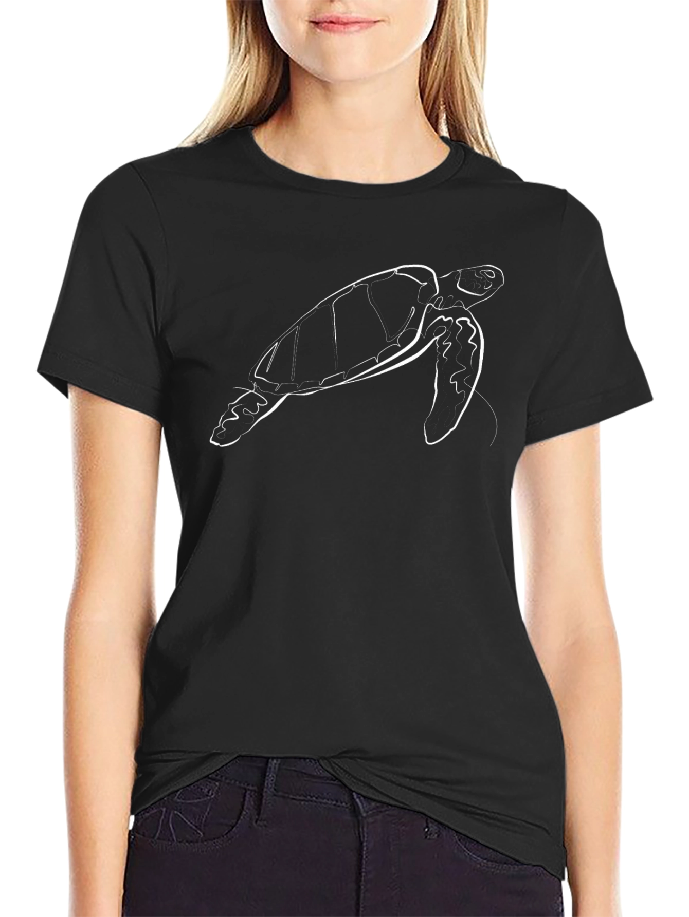 Minimalist Turtle Line Art Black T-Shirt