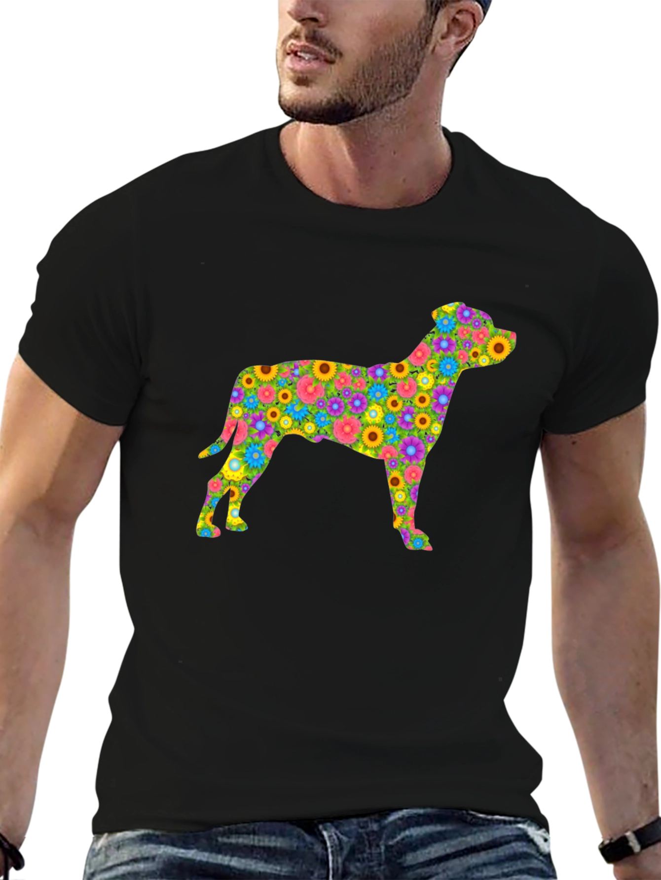 Floral Dog Silhouette T-Shirt - Black