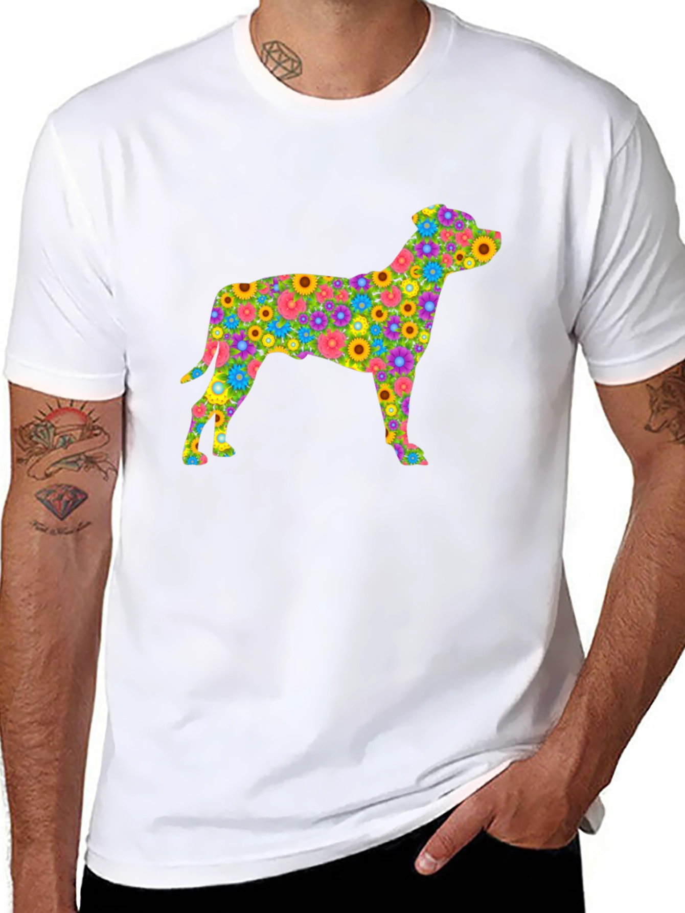 Floral Dog Silhouette T-Shirt - Black