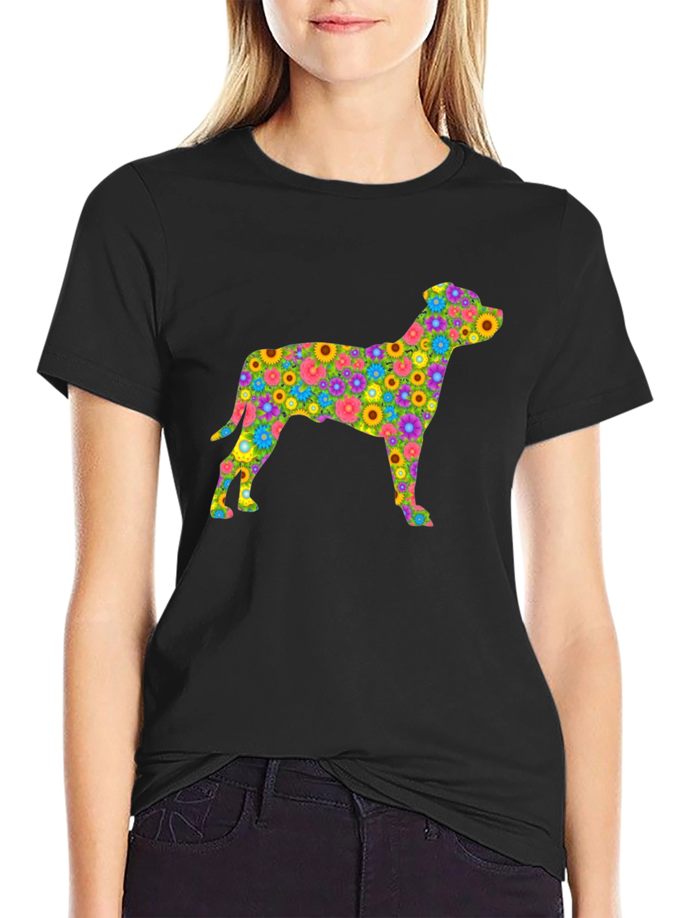 Floral Dog Silhouette T-Shirt - Black